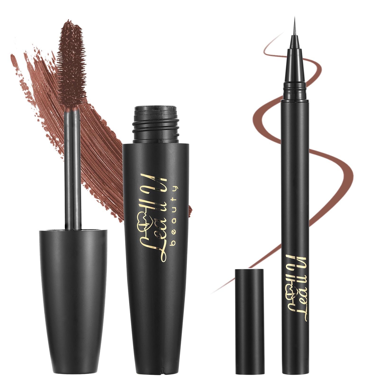 4D-Augenmaske und Eyeliner-Set, Schwarz und Braun, langanhaltende Wimpernmaske, wasserfest (braun)