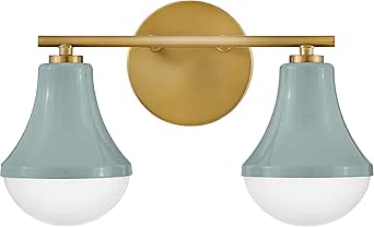 Lark Haddie 85512SF Modern Two-Light Bath Vanity, Fixture Mounts Up or Down, Shades Secured in Place, Seafoam and Lacquered Brass