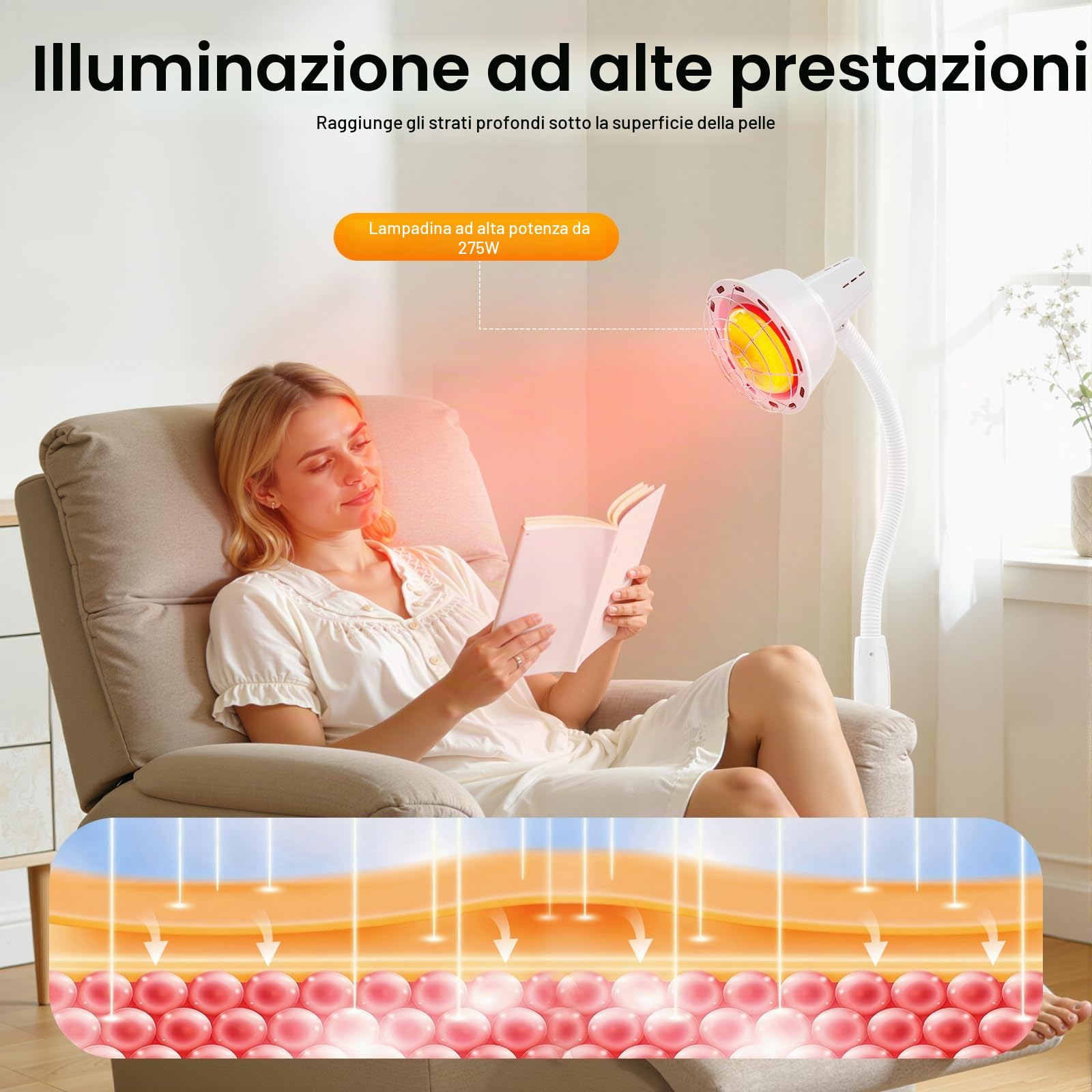 Lampada a Infrarossi 275W, Piantana con Luce Rossa Regolabile in Altezza e Temperatura 8-70°C Base 30cm per Terapia Muscolare