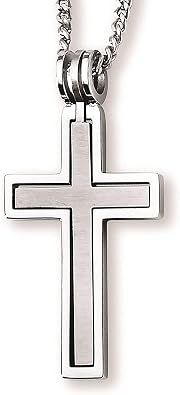Boston Bay Mens Stainless Steel 1.5" Cross Movable Pendant High Polish Frame with Matte Inner Cross in Waterproof Two-Piece Hinge on 24" Chain