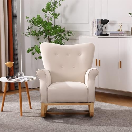 Mecedora de terciopelo, moderna silla tapizada con respaldo de ala y patas de madera de goma, cómoda mecedora con asiento acolchado, respaldo alto