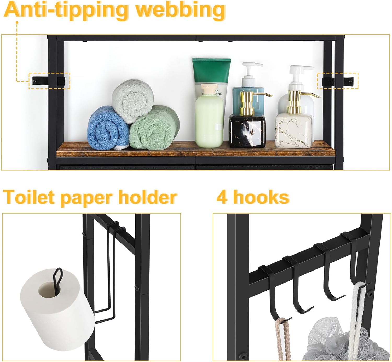 YBING Over The Toilet Bathroom Storage Cabinet for Freestanding, Above Toilet Shelf with Fabric Drawer, Tall Bathroom Shelf Organizer with Toilet Paper Holder, Brown