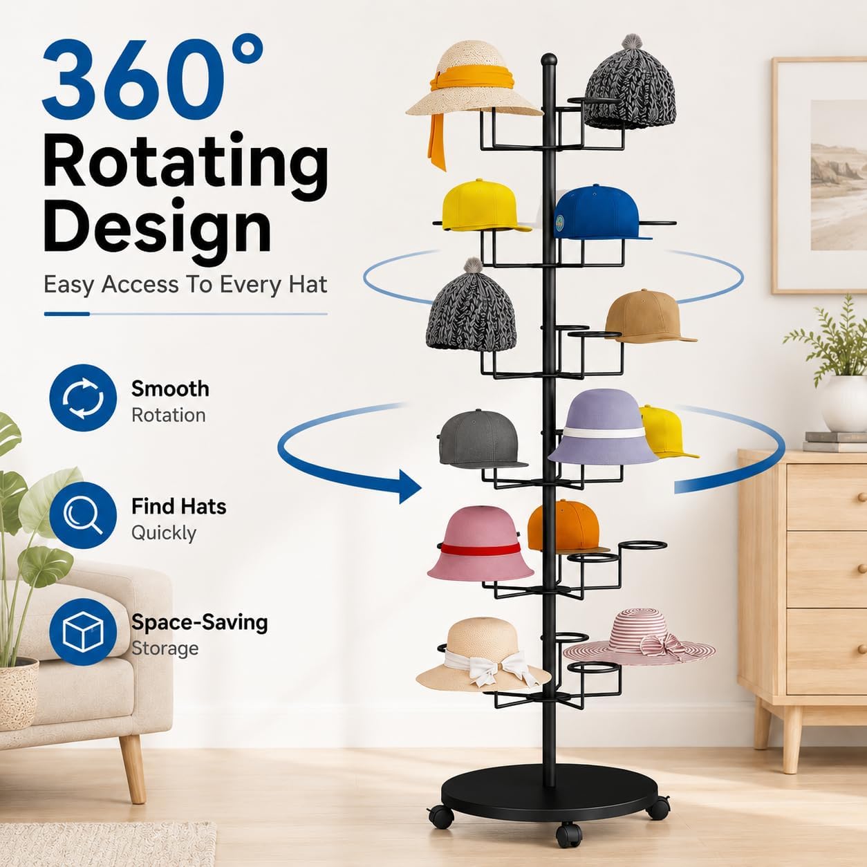 Hat Rack Stand 40-Hooks, Hat Display Stand Metal,Hat Display for Stores， Home or Store of Standing hat Rack(Black,8th Floor)