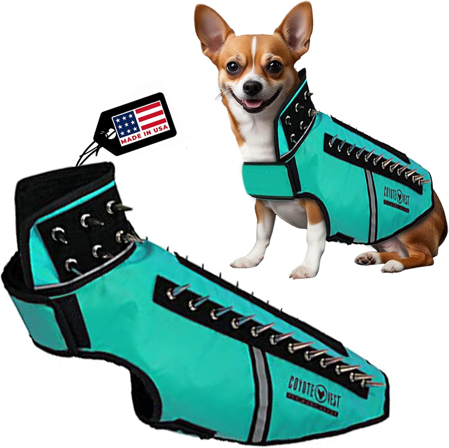 CoyoteVest SpikeVest Dog Harness Vest for Small Dogs, Reflective Dog Vest with Spikes to Shield Your pet from Coyotes, Raptor and Animal Attacks, Anti Hawk Vest, Made in USA (M-Turquoise)