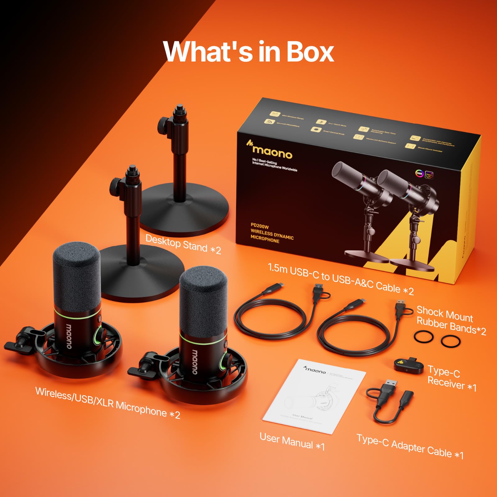 MAONO PD200W - Paquete de equipo de podcast inalámbrico híbrido para 2, kit de micrófono dinámico XLR USB con 2 soportes de escritorio, software, cancelación de ruido, para podcast coalojado