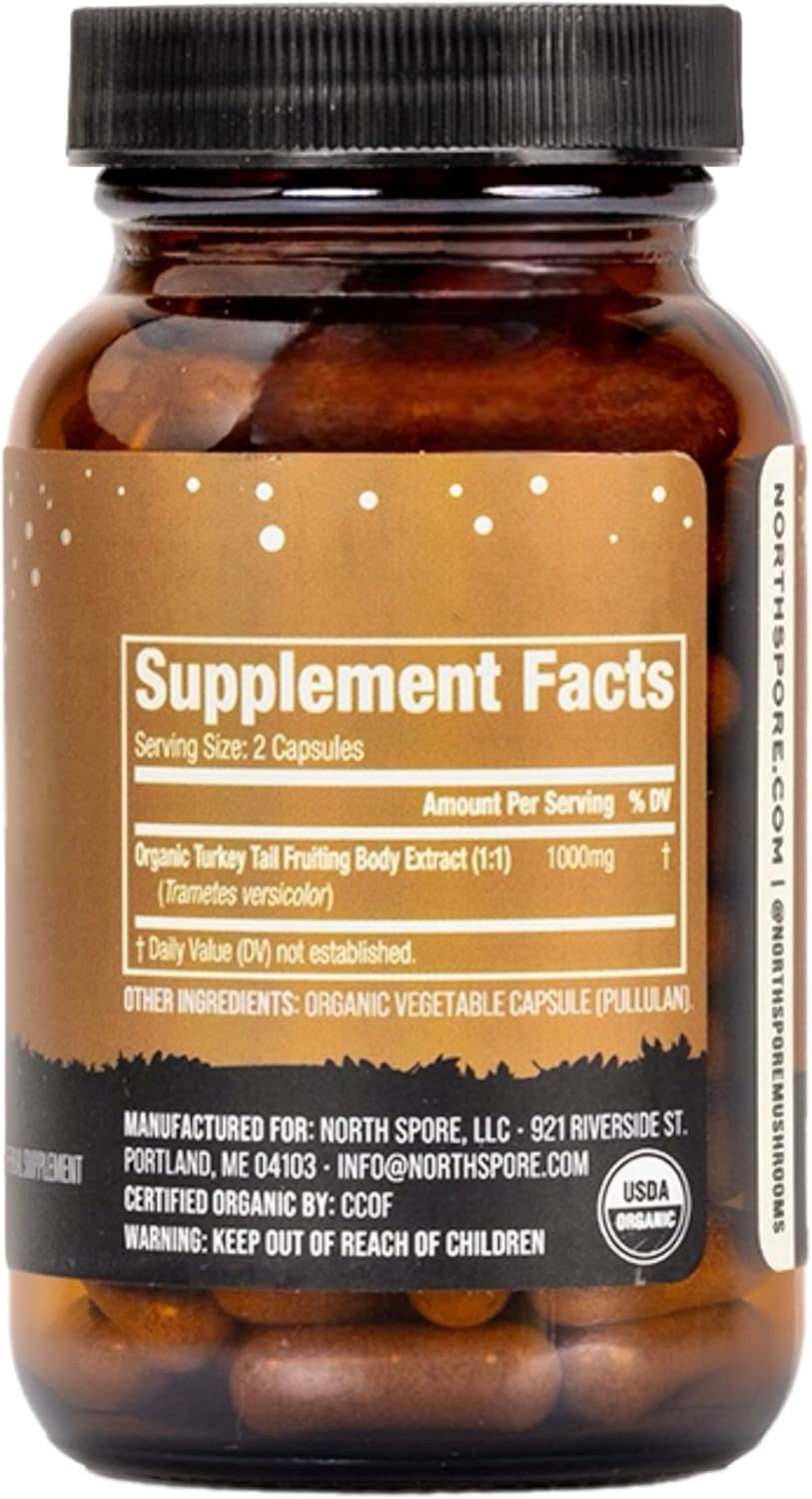 North Spore Organic Turkey Tail Extract Mushroom Supplement Capsules | Stamina & Endurance | 60 Day Supply | High Potency Blend | 100% Fruiting Body Extracts | Vegan, Non-GMO | 120ct