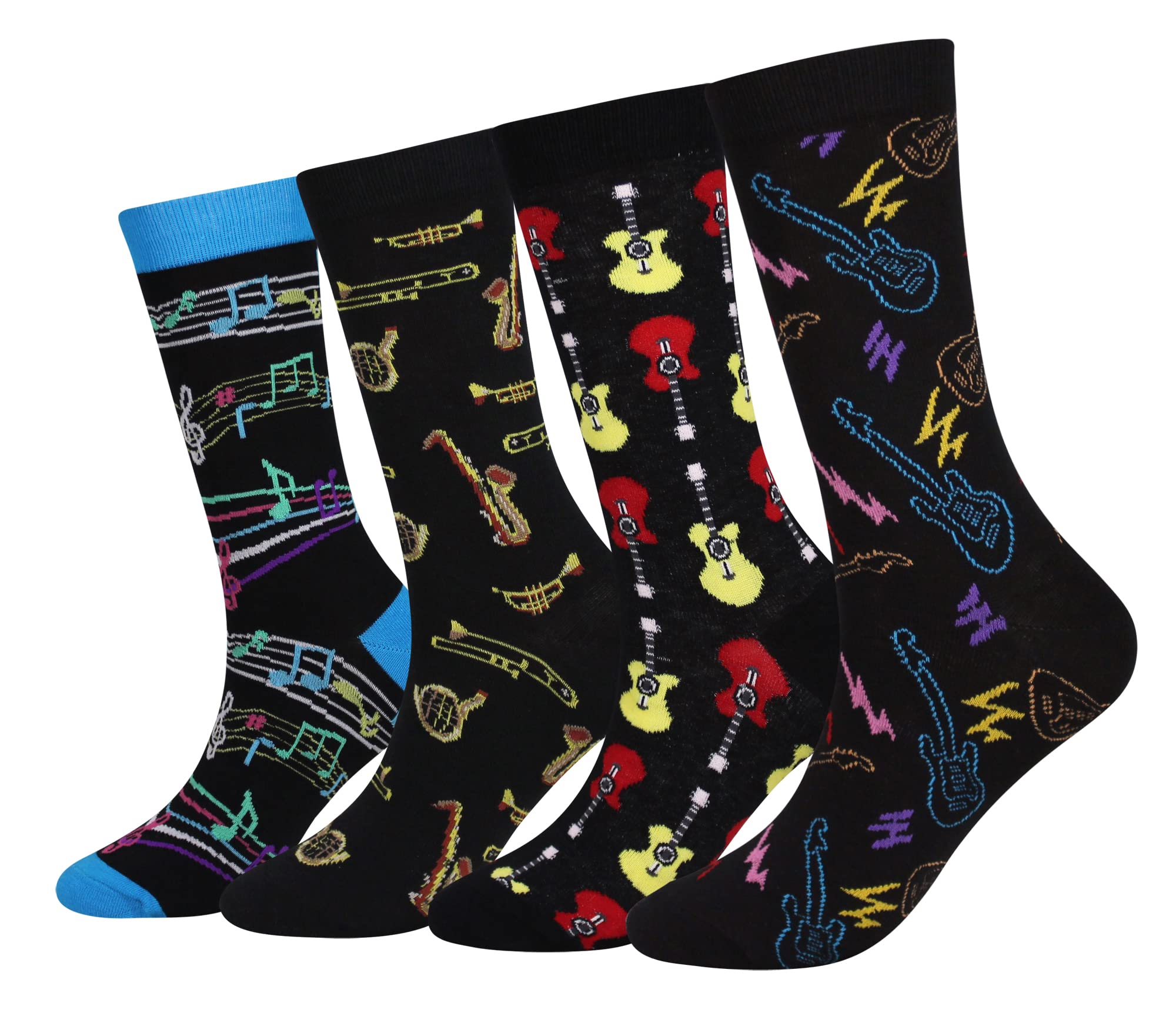 Cansok Men's Animal Funky Novelty Dress Crew Socks (Guitar Music Saxophone - 4 pairs)