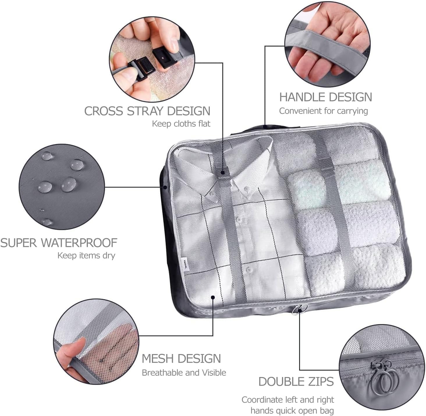 LANSKLBD 6/8 Set Packing Cubes for Suitcases Travel Luggage Packing Organizers,Travel Accessories Essentials Luggage Organizer with Shoe/Tioletry/Laundry Bag (Grey, 6 set) view 2