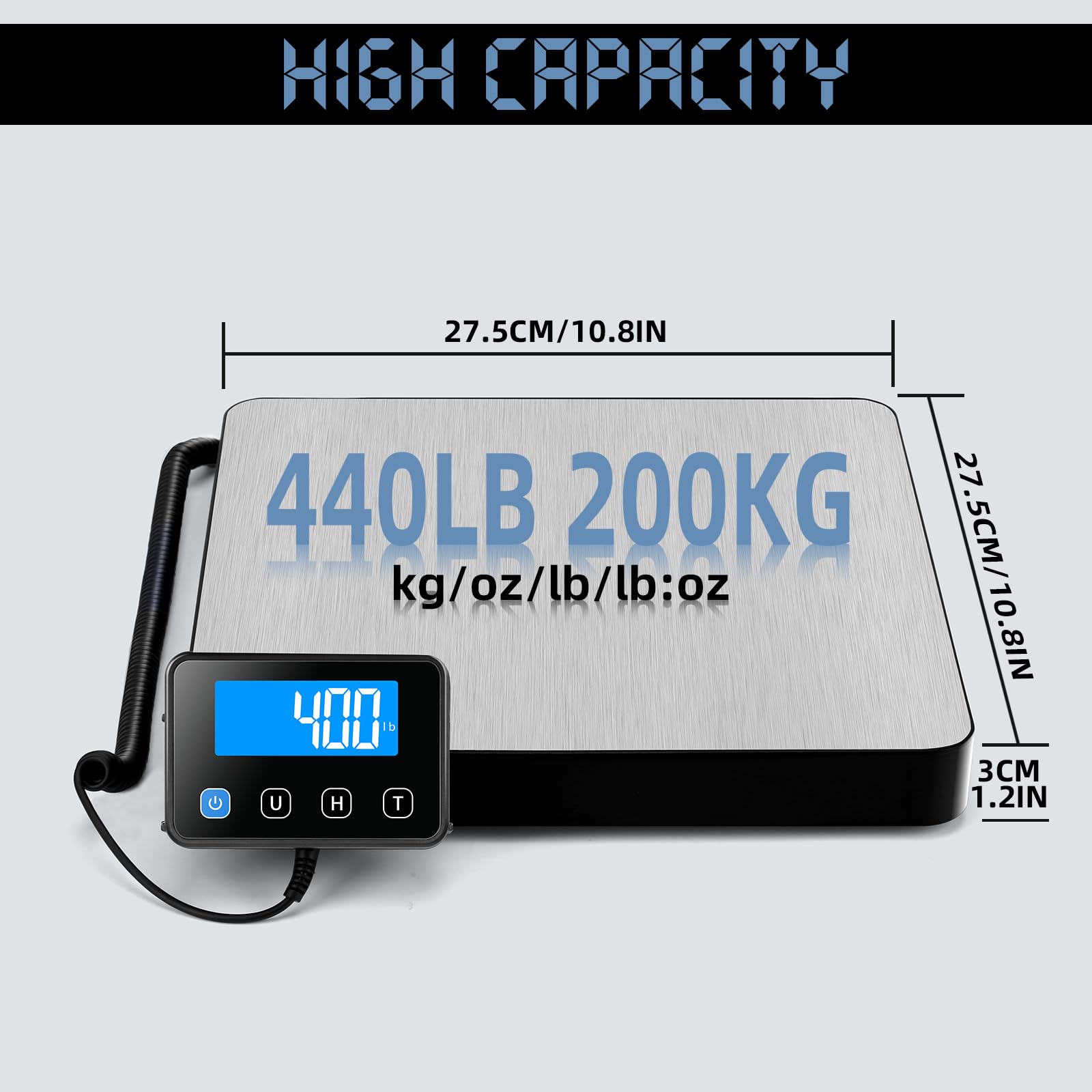 Báscula para Paquetería Digital 200kg/440lb, Balanza Postal Precisión de 10g/0.35oz con Función de Retención y Tara, Balanza para de Envíos para Oficina, Paquetería, Pequeña Empresa