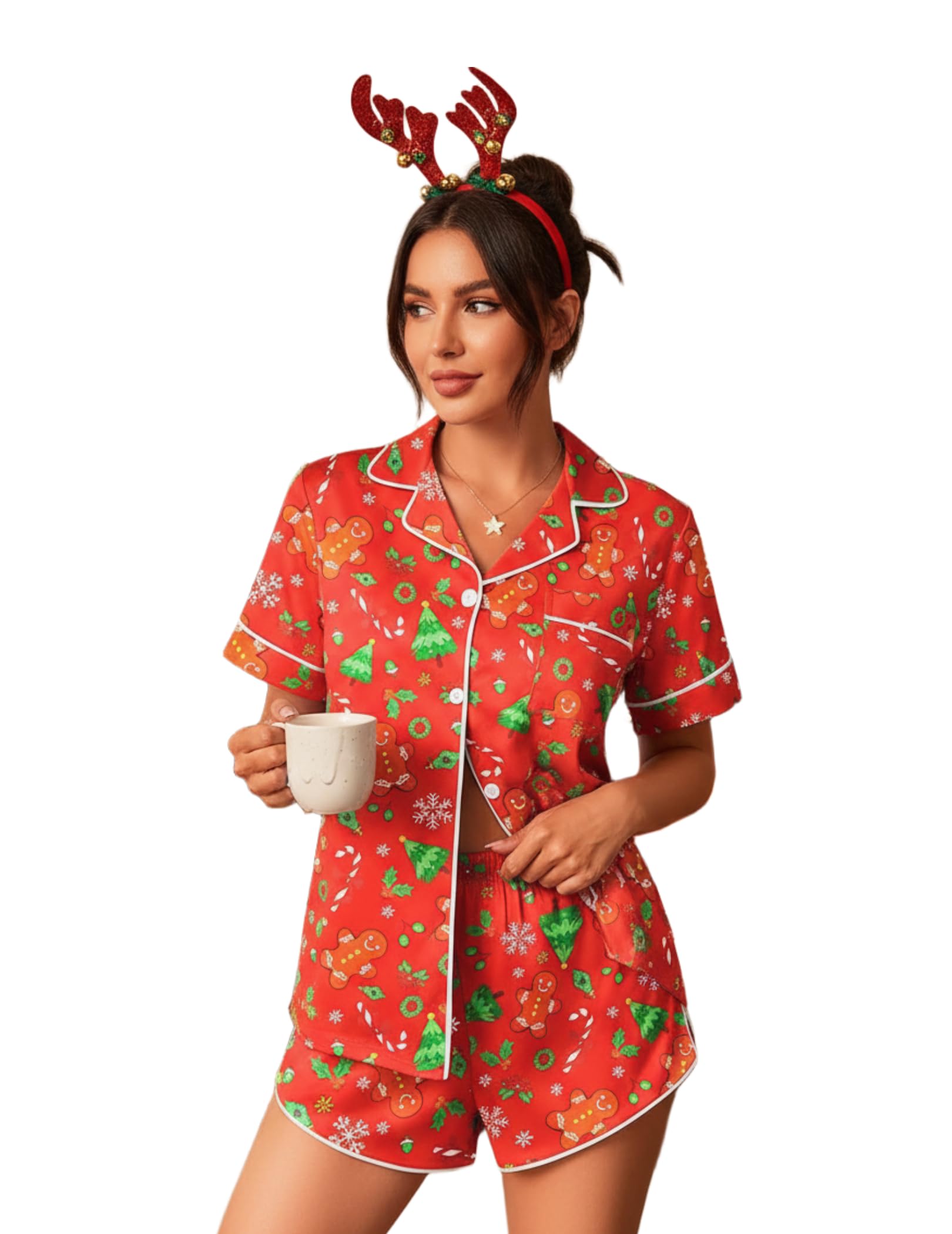 Ekouaer Womens Silk Satin Pajama Set Print Short Sleeve Sleepwear Button Down Pjs Shorts Set Loungewear