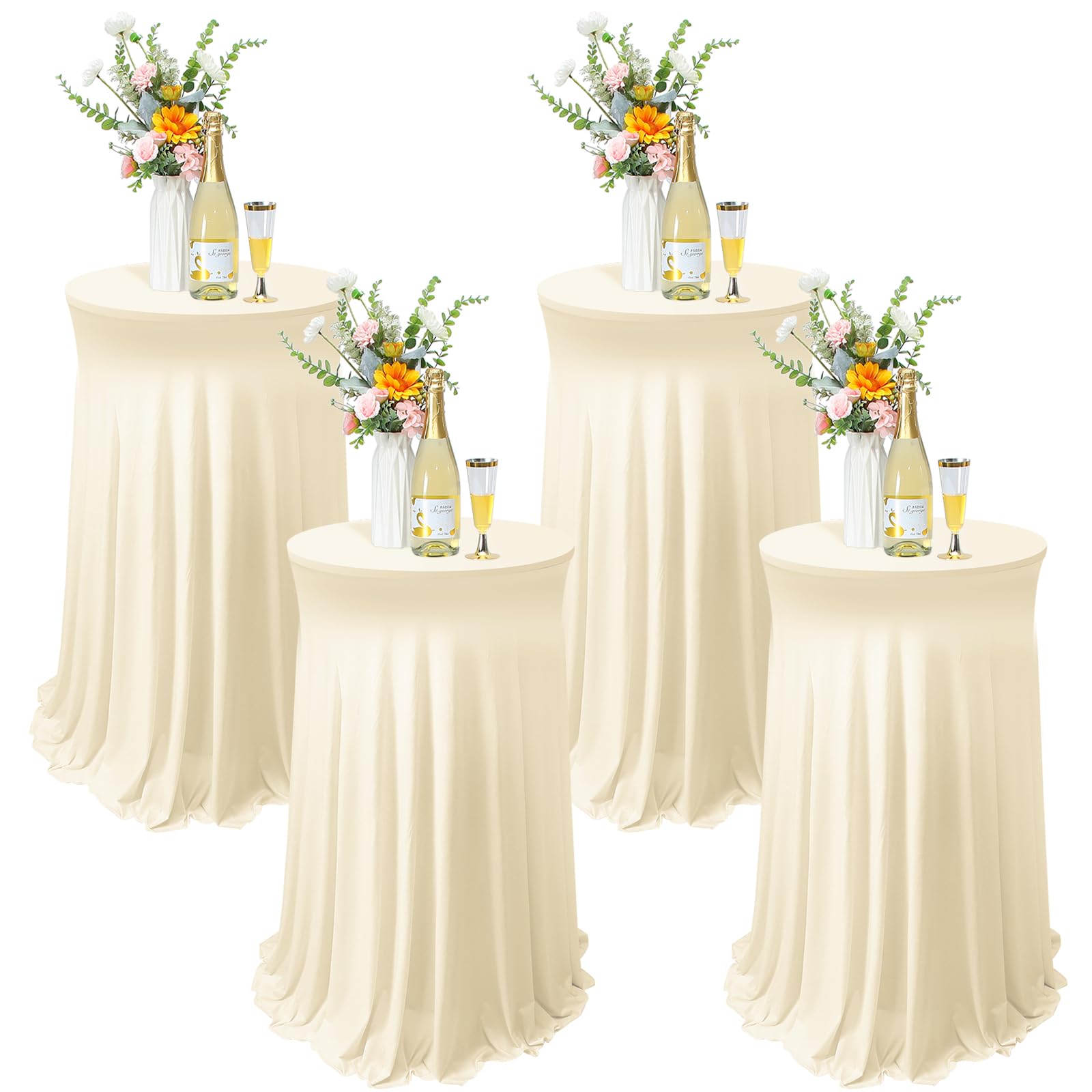 4 Packs Round Spandex Cocktail Tablecloths with Skirt 32 x 43 Inch Cocktail Round Table Cover Spandex Stretch Square Tablecloth Skirt for Table Bar Wedding Party Banquet (Champagne)