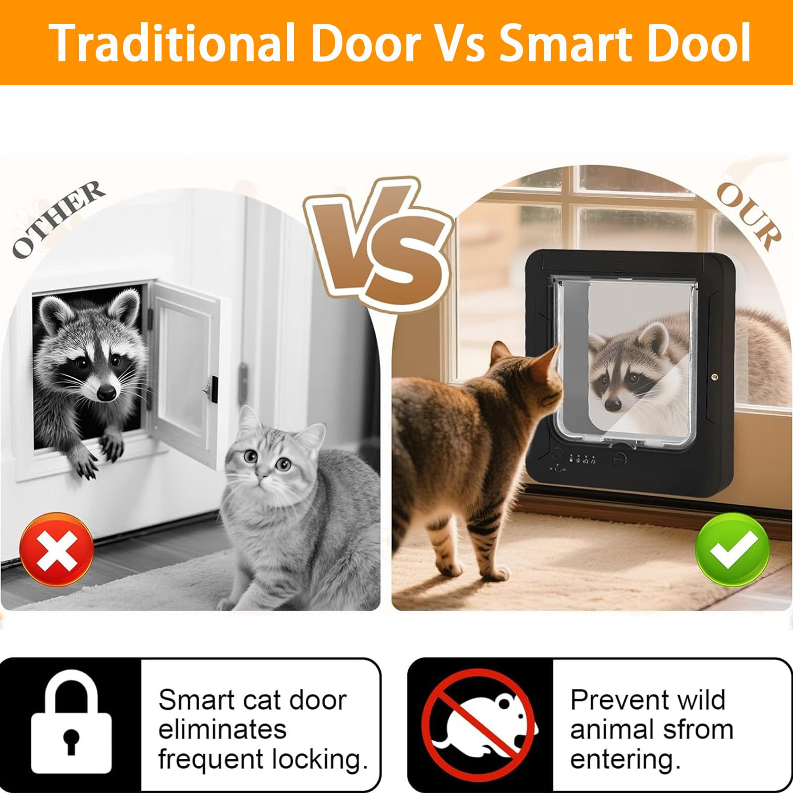 Intelligente Katzentür für Innen- und Außentüren, Automatische Sensor- Haustiertür mit 3 Halsband-Sensorschlüsseln, 4-Wege-Verriegelungs-Katzenklappe für Katzen und Hunde, Schwarz