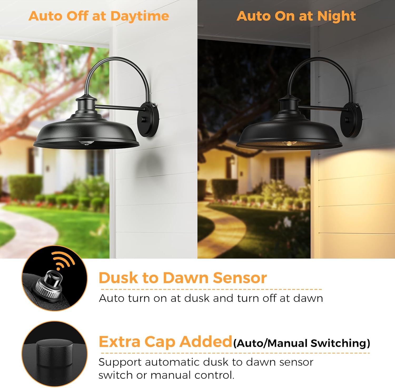 14'' Dusk to Dawn Outdoor Barn Light 2 Pack, Classic Farmhouse Gooseneck Outdoor Light Fixture Matte Black Wall Mount, Anti-Rust Waterproof Exterior Lighting Fixtures for Porch Hallway Patio Entryway