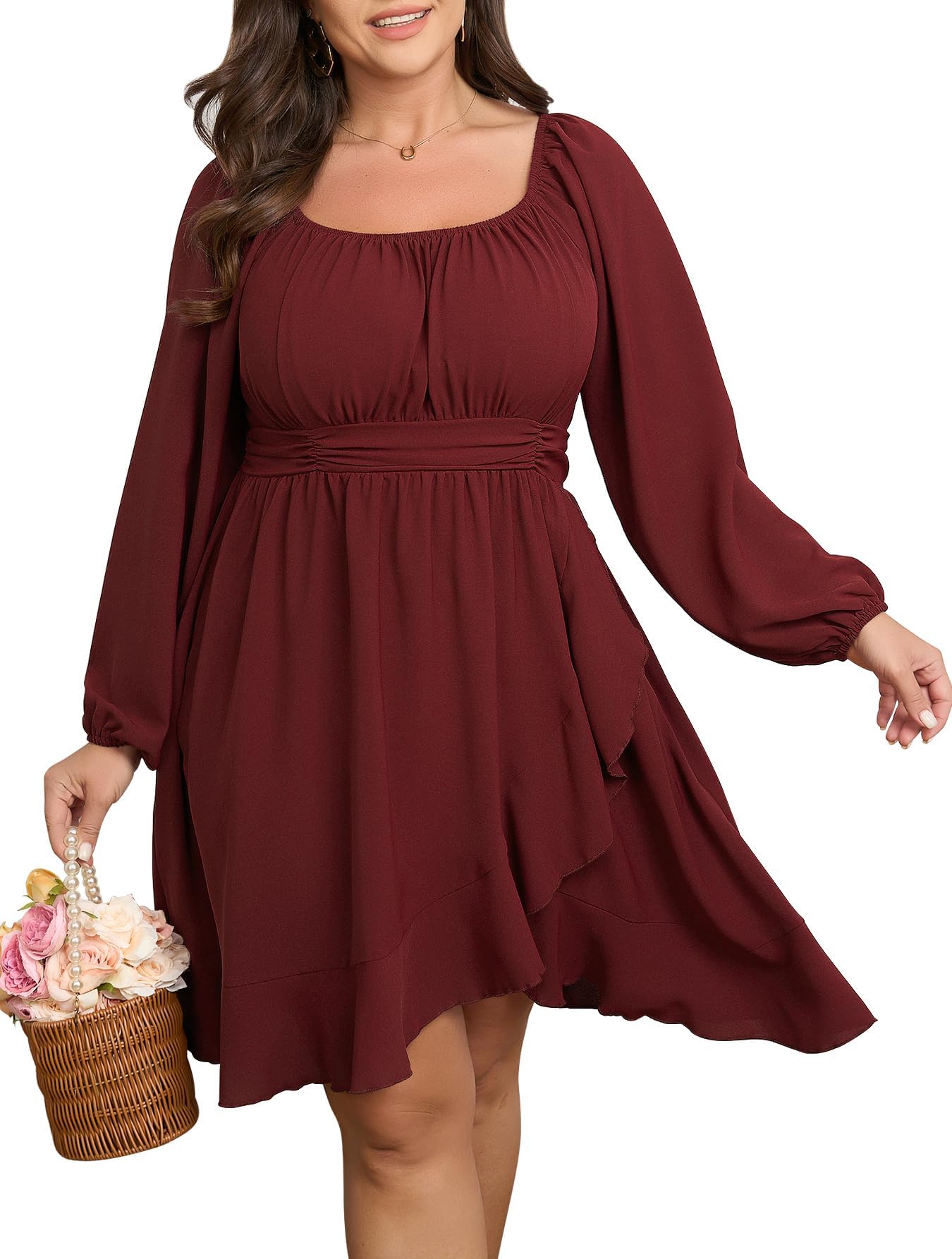 Women Plus Size Fall Dresses Long Sleeve Square Neck Ruffle Hem Flowy A-Line Cocktail Wedding Guest Mini Short Dress