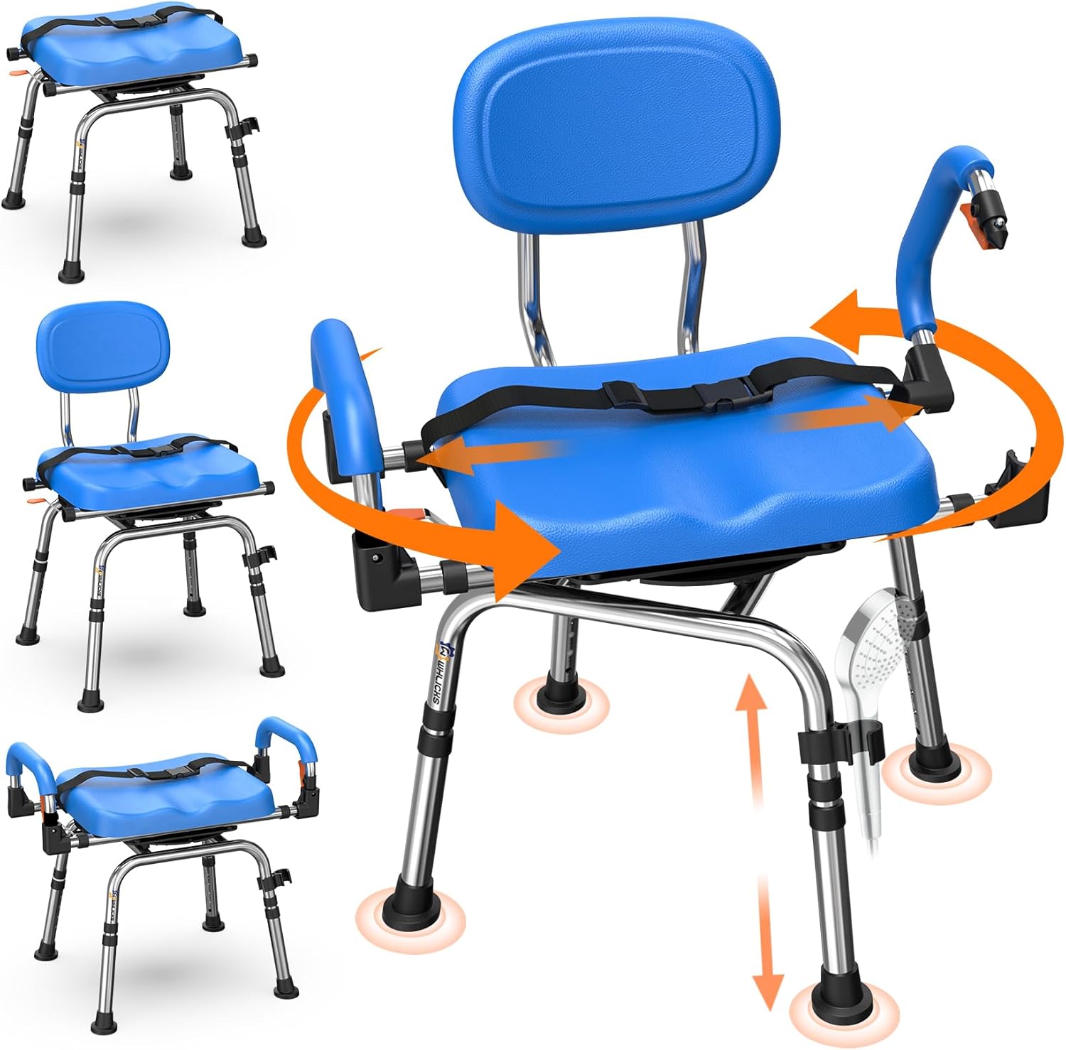 4-in-1 Wide 360°Swivel Shower Chair for Elderly and Disabled, Adjustable Height & Arms Width Padded Shower Chair for Inside Shower & Bathroom Bath Tub, 300lb Capacity Bariatric Shower Seats with Arms