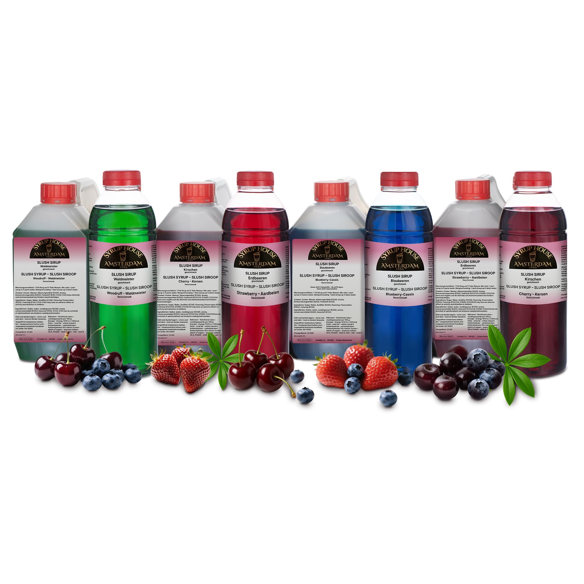 Bacchus Brew 4×0,75L (1:5) Slush Sirup für Ninja Slush Maschine – Slush Eis Sirup für Slush Eis Maschine – Slushy Sirup für Slushy Maker – Blaubeere & Erdbeere & Kirsche & Waldmeister Sirup