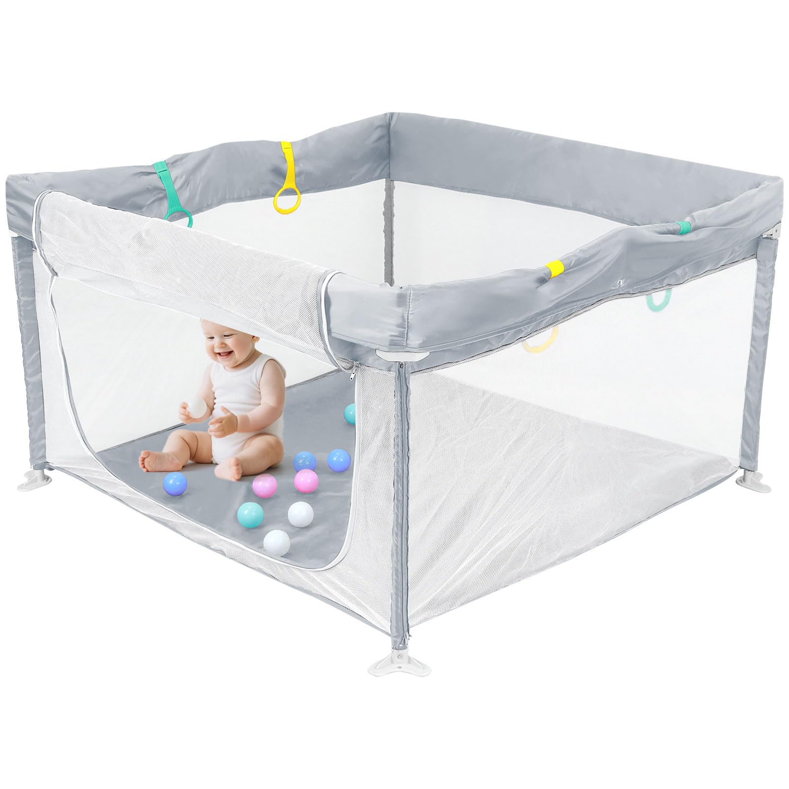 HOMGEN Parco Pieghevole per Bambini 120x120cm con Tessuto Oxford Lavabile Recinto per Neonati Pieghevole con Pallini e Maniglie, Box Bambini Montaggio Zero Porta con Zip Esterno - Grigio