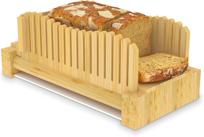 Bread Slicer for Homemade Bread, Bamboo Bread Slicer wiht Plastic Tray, Foldable Storage Bread Slicing for Kitchen