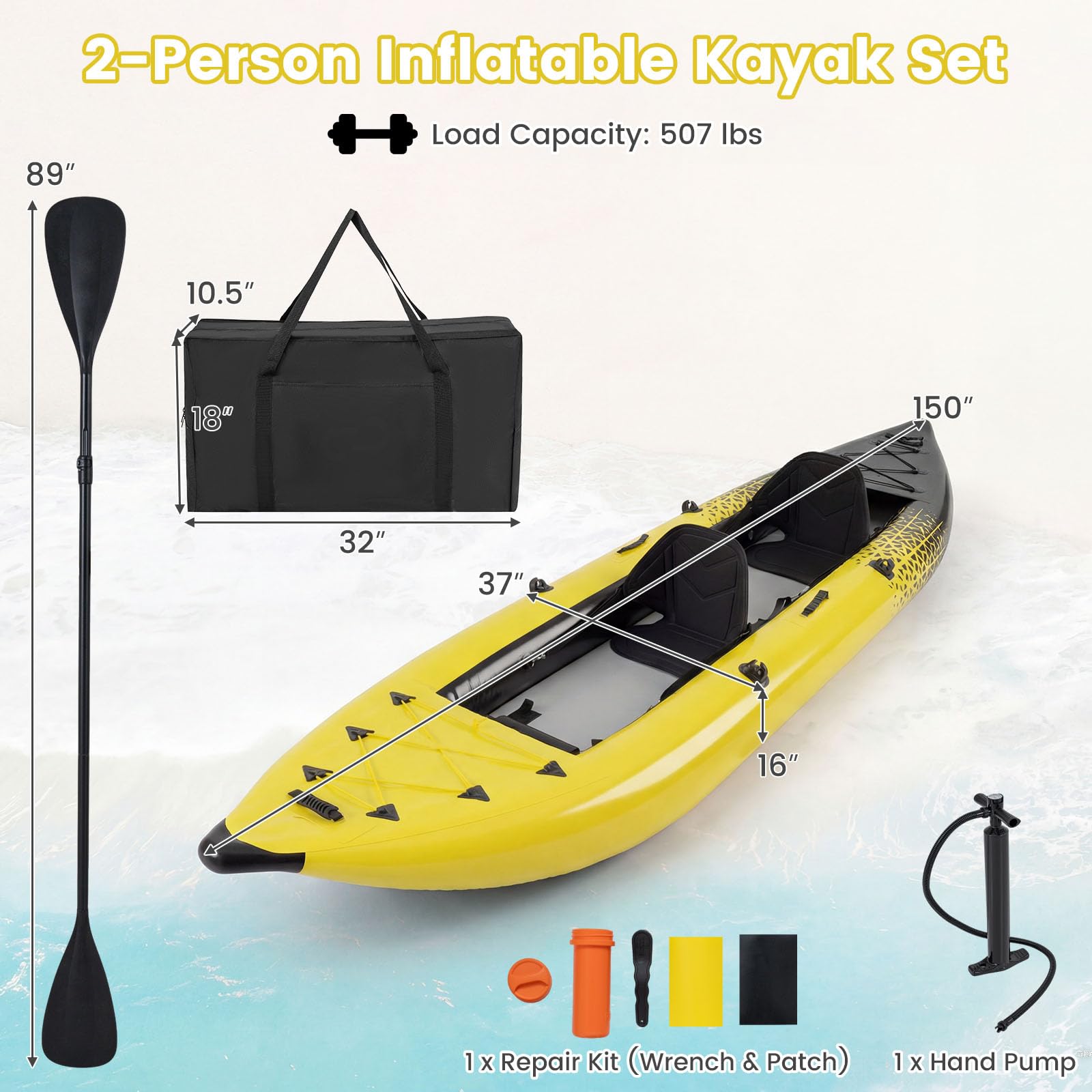 S AFSTAR Kayak inflable, canoa para 2 personas con capacidad de 230 kg, suelo de puntada caída, todos los accesorios y bolsa de transporte, kayak grande de 12 pies para pesca, camping y exploración