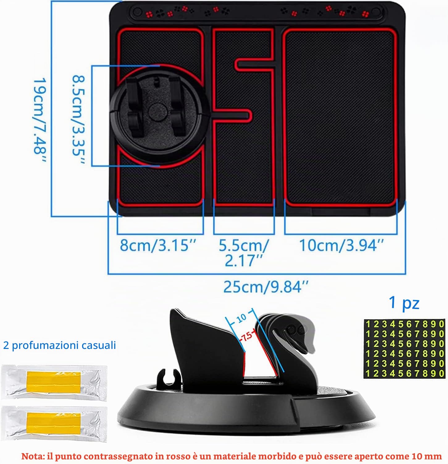 Tappetino per telefono antiscivolo per auto 4 in 1, tappetino per cruscotto auto, tappetino antiscivolo in silicone, tappetino antiscivolo per cruscotto auto multifunzionale, rotazione a 360 °