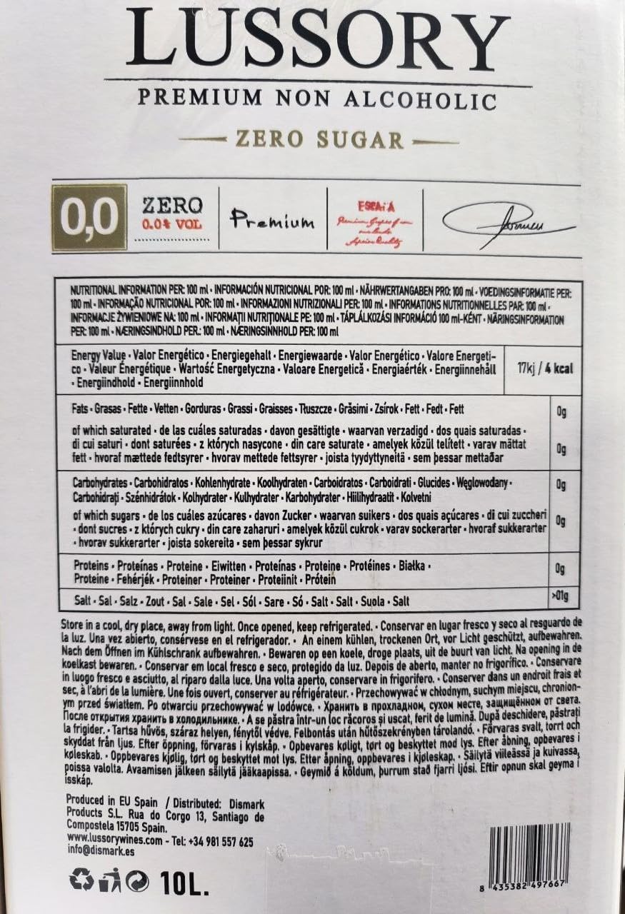 Vino Rosso SENZA ALCOL 0,0 - LUSSORY PREMIUM | Bag in Box 10 L | Equivalente a più di 13 bottiglie da 750 ml | Formato risparmio con rubinetto | SENZA zucchero, SENZA alcol, BASSO contenuto calorico
