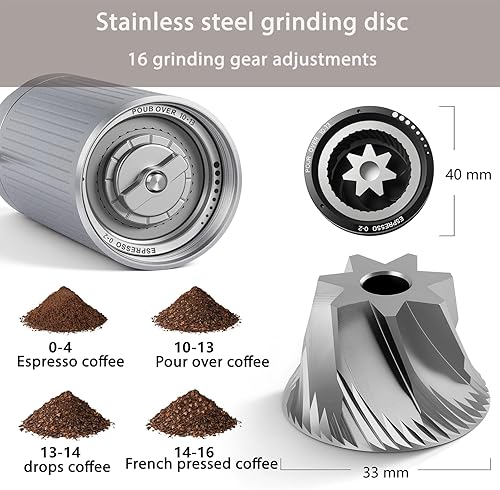 Miniatura 3 de Molinillo de café eléctrico y manual 2 en 1, molinillo de granos de café recargable por USB con rebabas de 1.575 in, molinillo de metal portátil