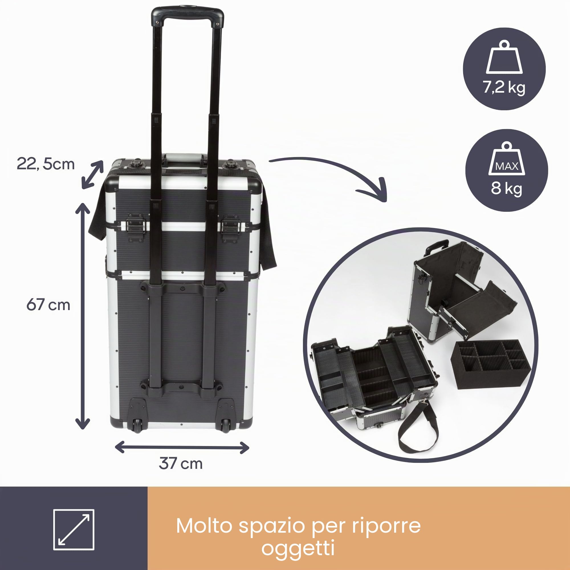 Perel Valigetta portautensili con ruote in alluminio nera, trolley con manico telescopico, 3 scomparti con organizer e vaschetta interna, chiusura a chiave con 2 chiavi, 370 x 225 x 670 mm, 66,9 l