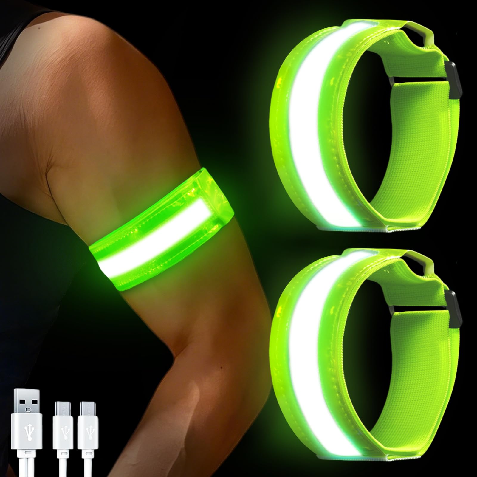 flintronic 2 Pack LED Armband for Running, Light Up Armband Rechargeable, High Visibility Reflective LED Luminous Armbands Magic Strap for Running, Cycling, Jogging