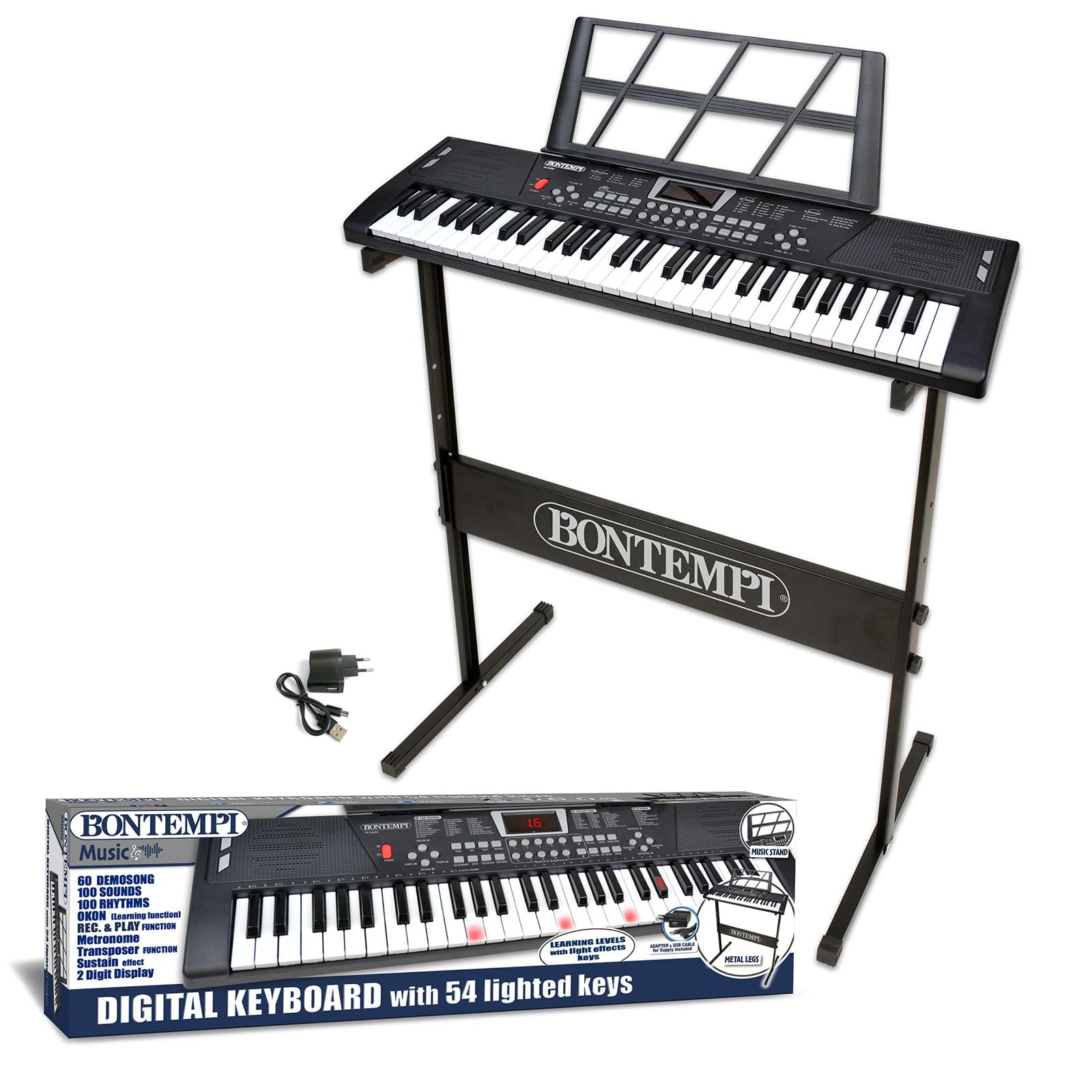BONTEMPI - HarmonyLegs Digitales Keyboard mit 54 Tasten, mit Tastaturständerbeinen und Leuchttasten, Intuitives Design und Überlegener Klang für Spaß und Lernen