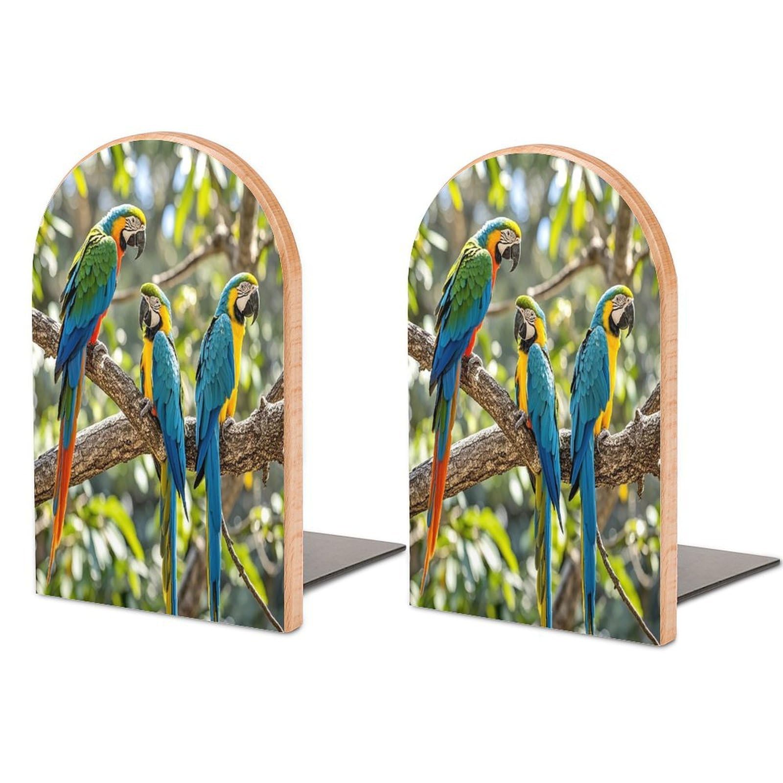 Colorful Parrots On Tree Bookend Non-Skid Wooden Bookends for Shelves Heavy Duty Wood Book Ends Decorative Book Stopper Book Stand Non-Slip Book Organizer for Home Office Library
