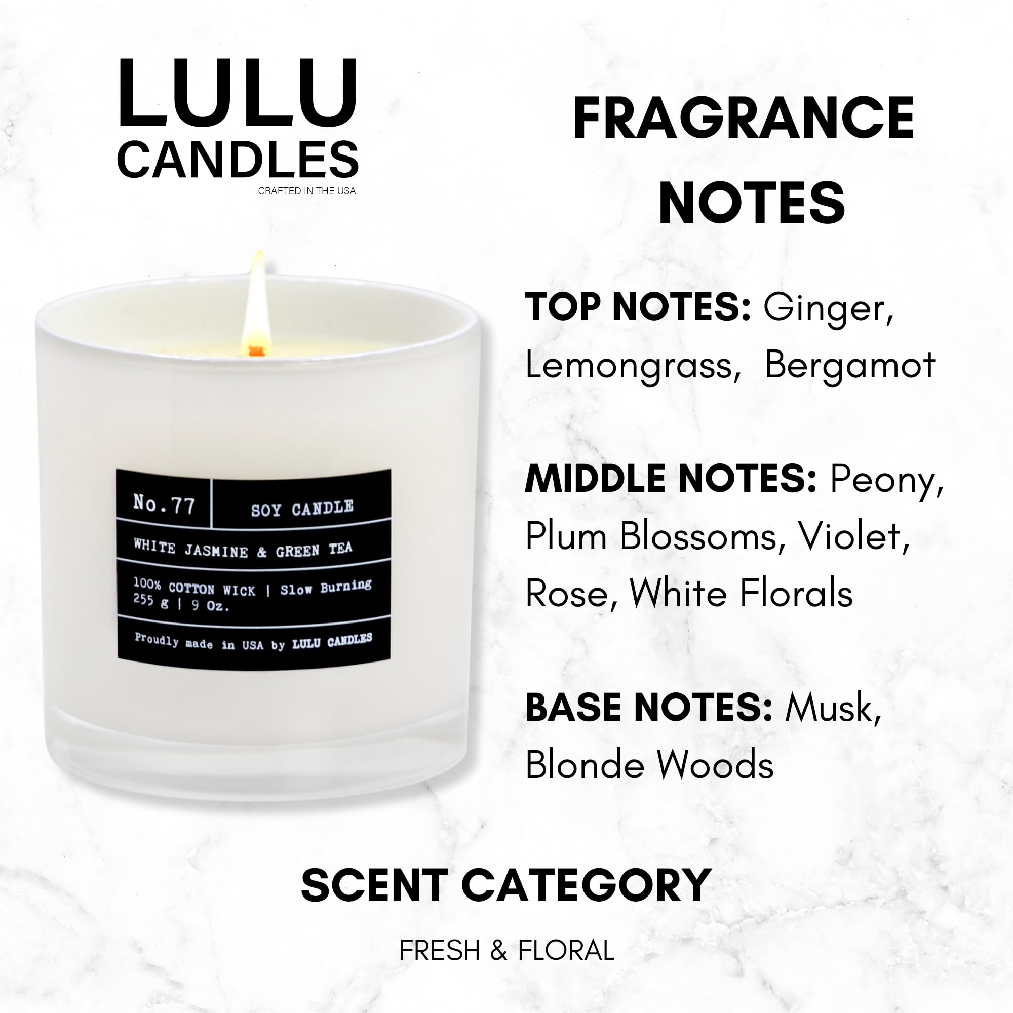 Lulu Candles | Biały jaśmin i zielona herbata | Luksusowa świeca zapachowa w słoiku sojowym | ręcznie nalewana w USA | wysoce pachnąca i długotrwała (255 g)
