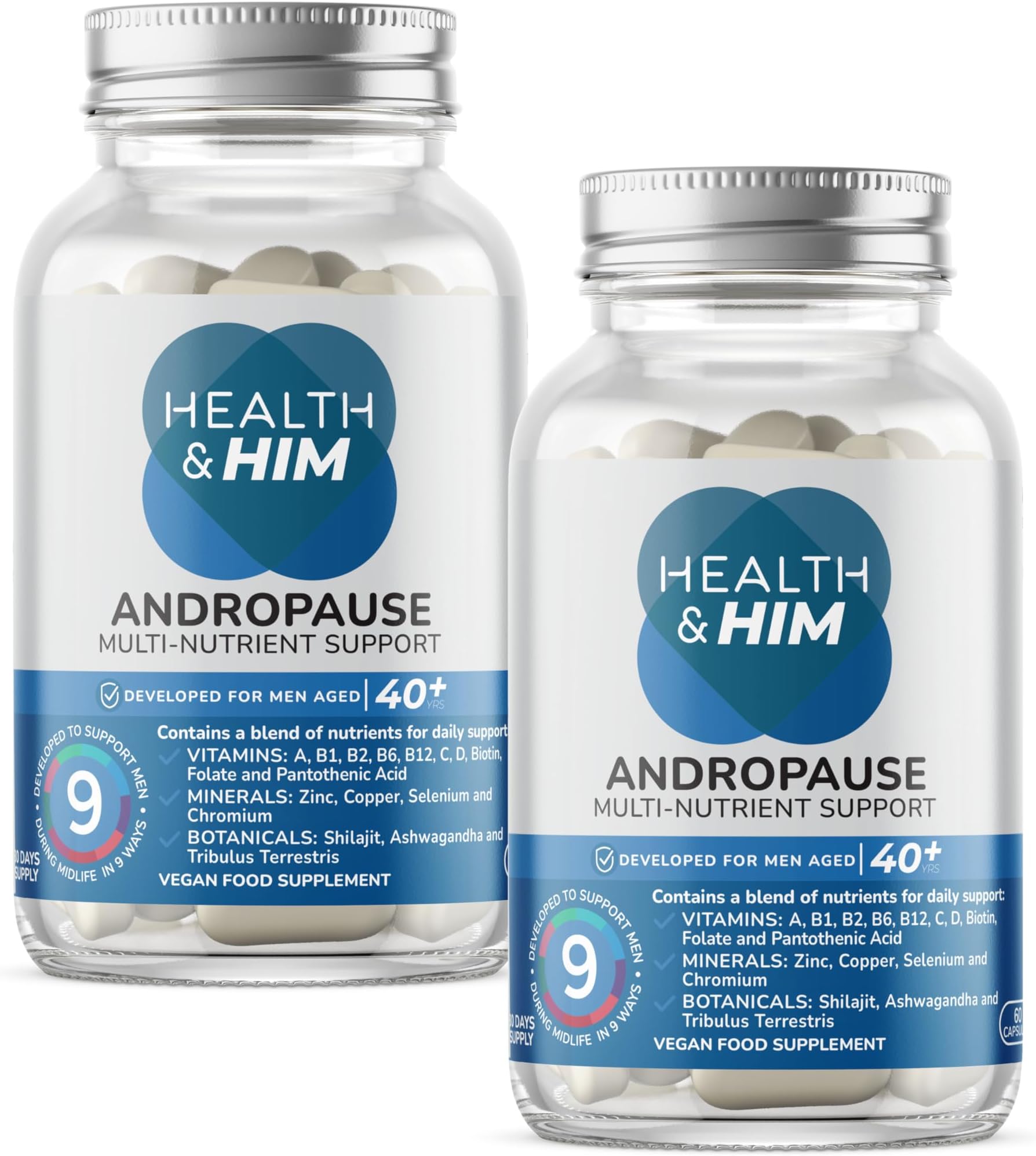 Health & Him Andropause 40+ Supplements for Men - with Zinc, Shilajit & Ashwagandha - Vegan, Gluten-Free. Mens Multivitamin - 2 Months Supply of 60 Capsules
