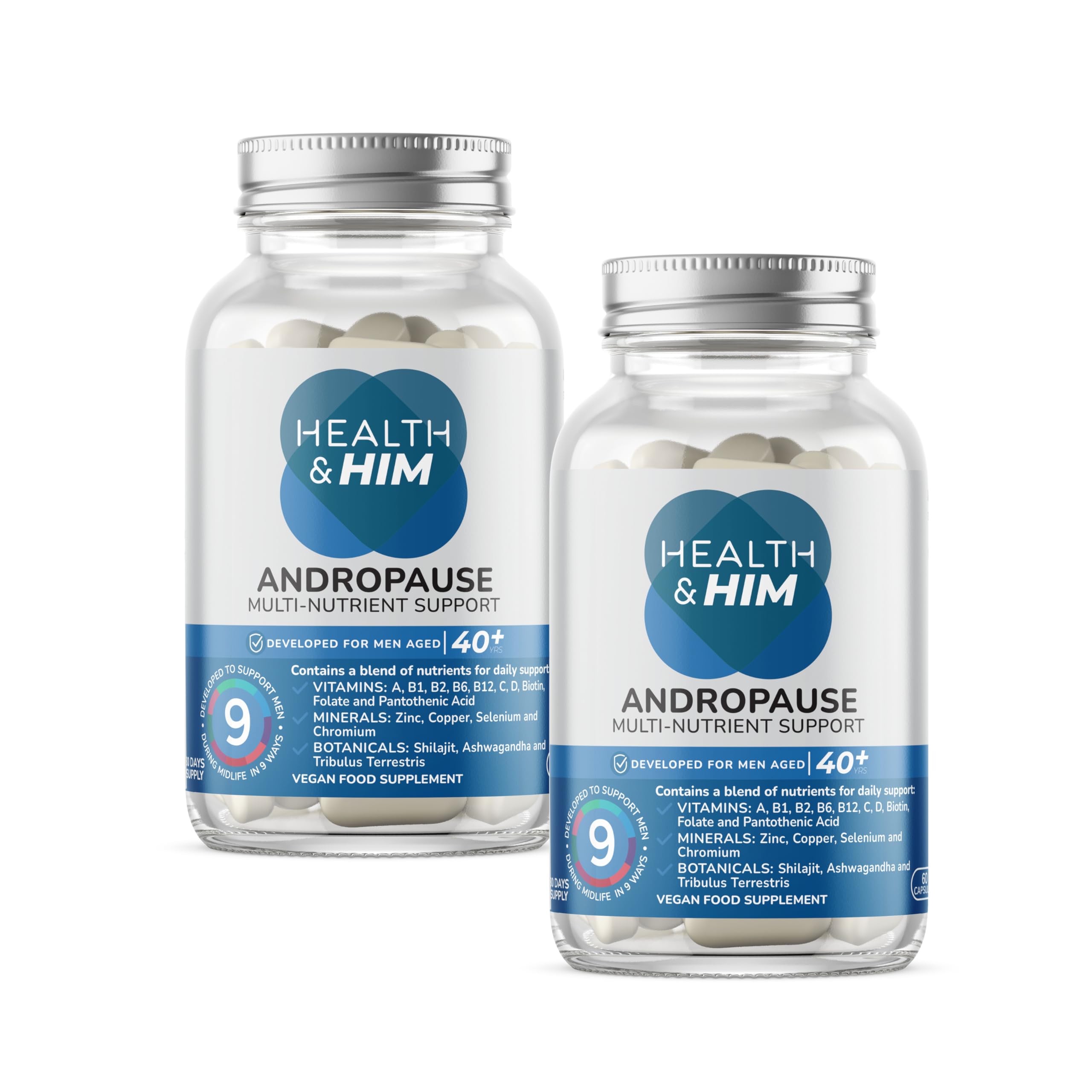 Health & Him Andropause 40+ Supplements for Men - with Zinc, Shilajit & Ashwagandha - Vegan, Gluten-Free. Mens Multivitamin - 2 Months Supply of 60 Capsules