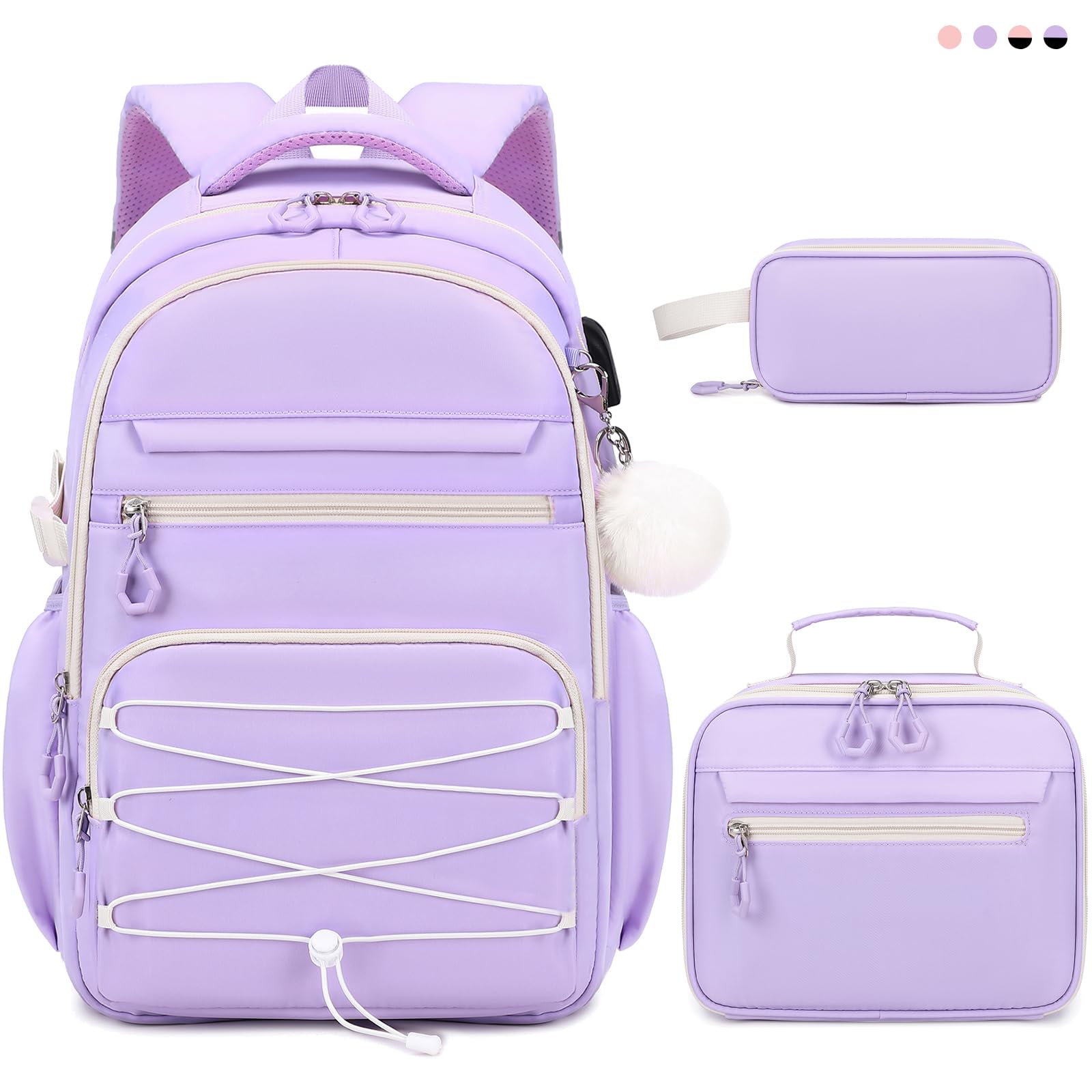 DIGOBAY Backpack for Girls, 3 PCS Girls Backpack with Lunch Box, Pencil Cace Set for Teen Girl Kids, Bookbag School Backpacks for Elementary Middle