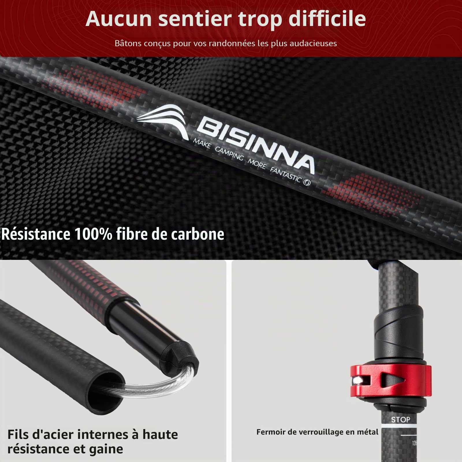 BISINNA Bâtons de randonnée Pliables Carbone 234g | Ultra-léger dès 234g, pointes carbure, accessoires inclus. Pour homme/femme, marche nordique, randonnée alpine.
