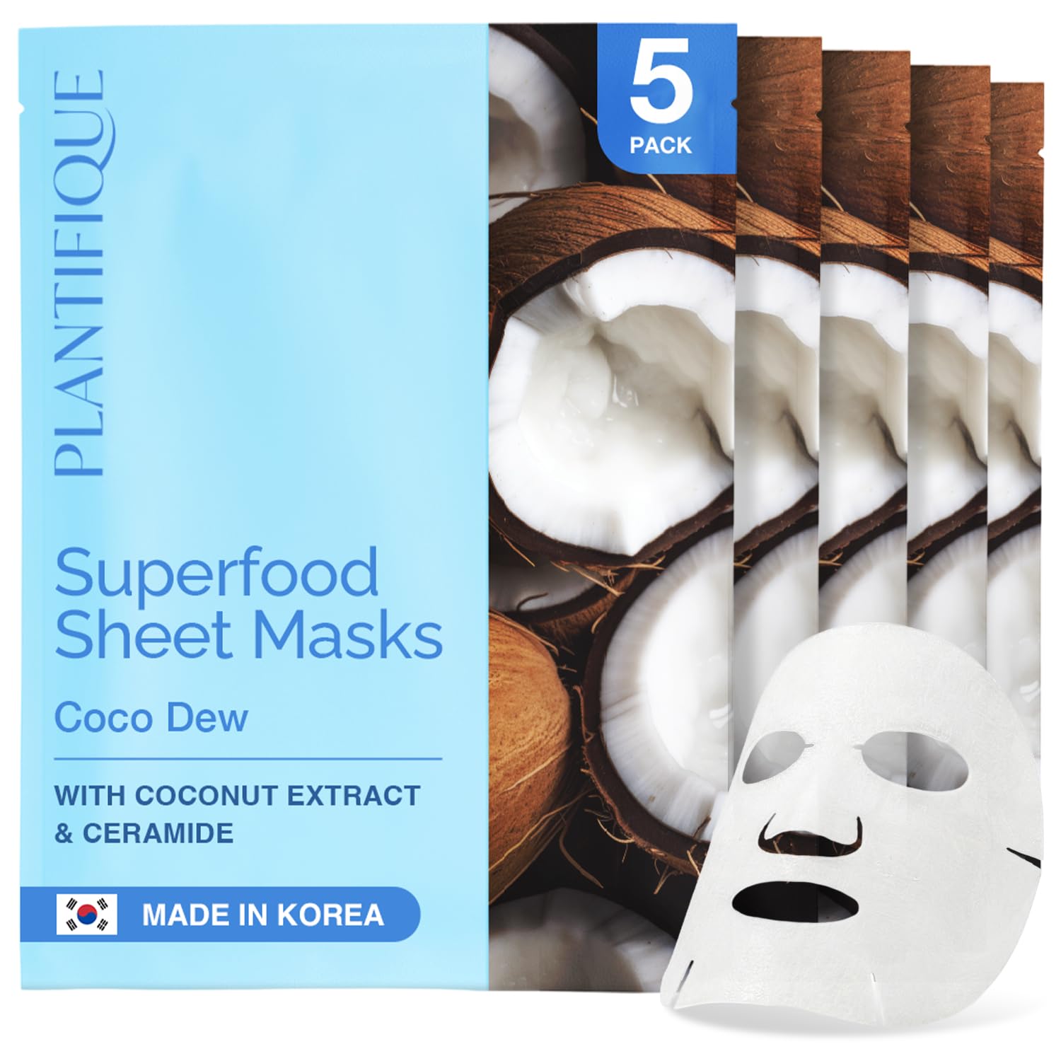 PLANTIFIQUE Koreanische Gesichtsmaske 5-Pack mit Superfoods – Kokosnuss, Ceramid NP & Hyaluronsäure – Feuchtigkeitsspendende Tuchmaske – Korean Face Mask