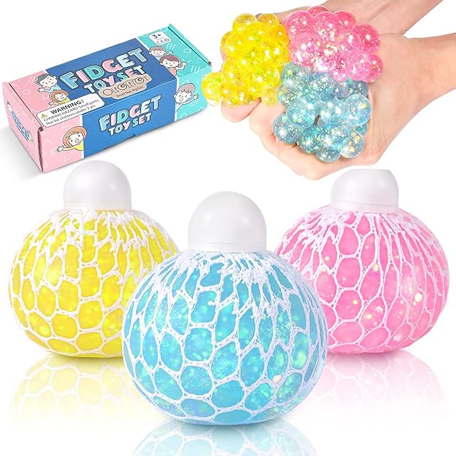 3 Pack Sensory Stress Balls for Kids | Squeeze Toys Mesh Glitter Grape Stress Balls Fidget Toy Set, Soft Squishy Balls for Adults Relaxing Toys Anxiety Stress Relief Hand Grip Pressure Ball