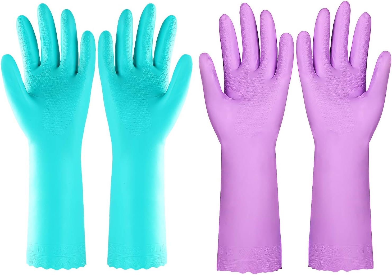 Reusable Washing up Gloves Latex Free Dishwashing Gloves with Cotton Lining, Non-Slip and Waterproof Cleaning Gloves for Kitchen 2 Pairs (Blue+Purple, M)