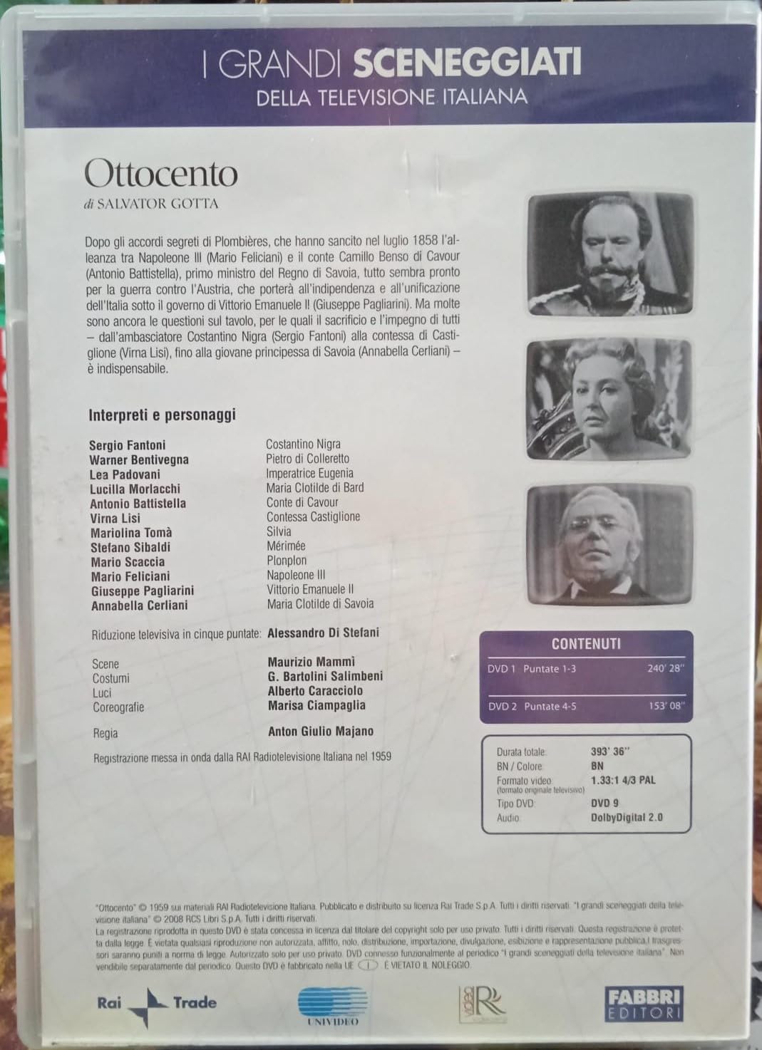 TeknoFilm - 2 DVD – Sceneggiati RAI: OTTOCENTO (Opera completa - 5 puntate) di Anton Giulio Majano (1959) - FABBRI EDITORI