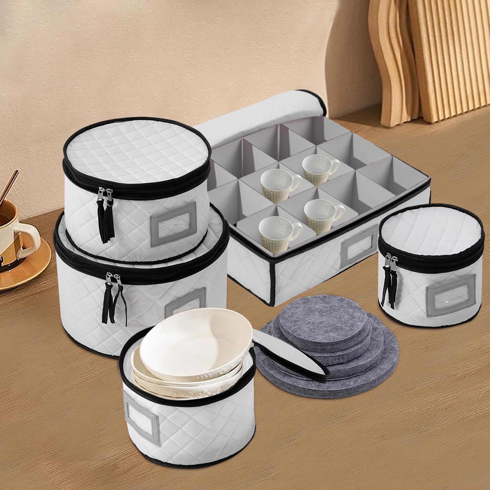 Lot de 5 boîtes de rangement pour assiettes de camping - Boîte de rangement en feutre - Avec tapis de plaque - Pour camping-car, caravane, camping-car