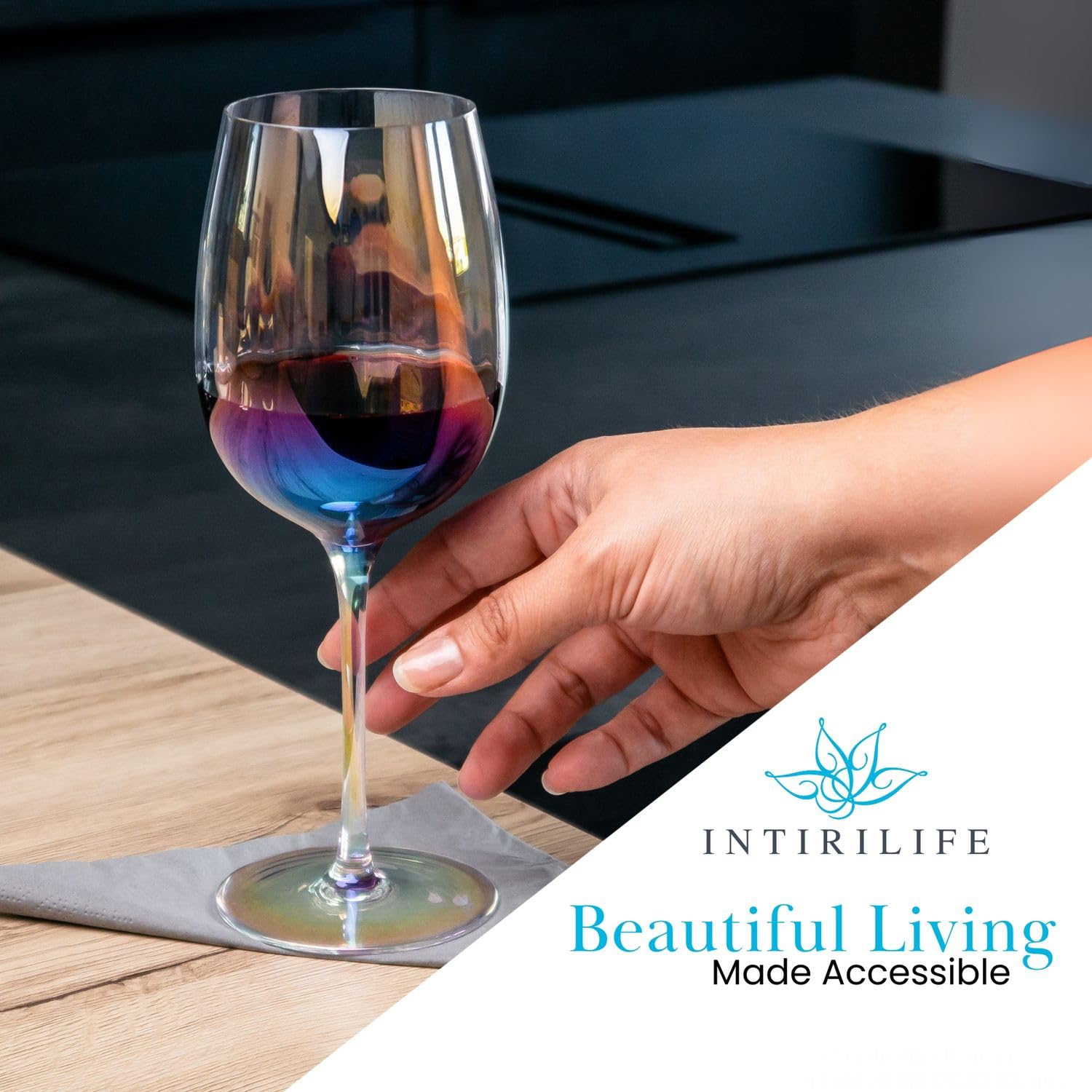 INTIRILIFE 6er Set Weingläser 440 ml mit Regenbogen-Schimmer & Wellenform – Weißwein Rotwein Kelch Langstielig – Bleifreies Kristallglas Spülmaschinenfest Stoßfest – Elegant Für Tisch Bar Geschenk