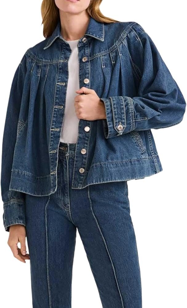 EZAPINE Womens Cropped Denim Jacket Long Sleeve Collared Button