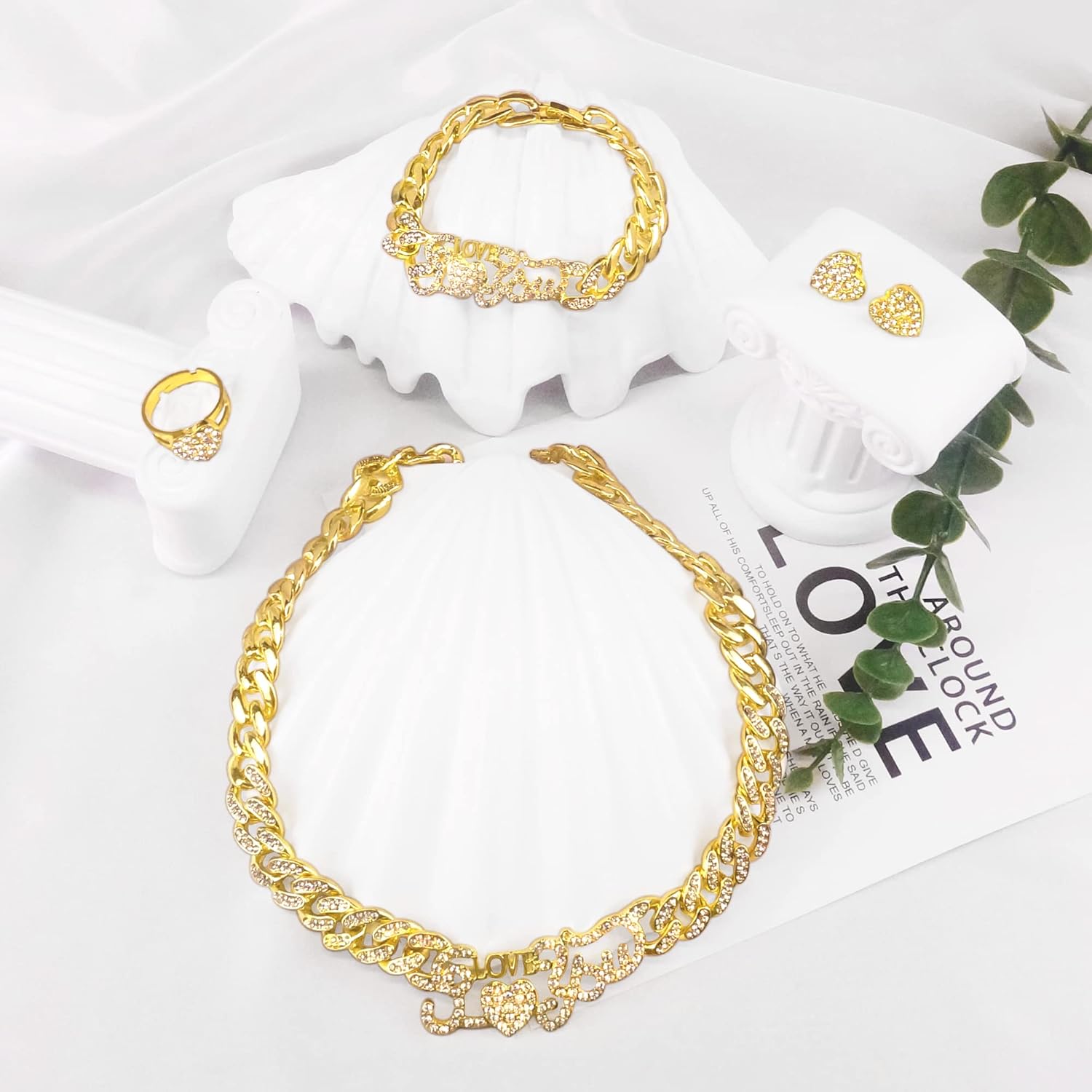 Jewelry Necklace Set Cuban Link Chain Necklace Bracelet Rhinestone Hoop Earrings Set Bling Necklace Bracelet Women Girls Accessories Sweetheart Gifts - Image 3