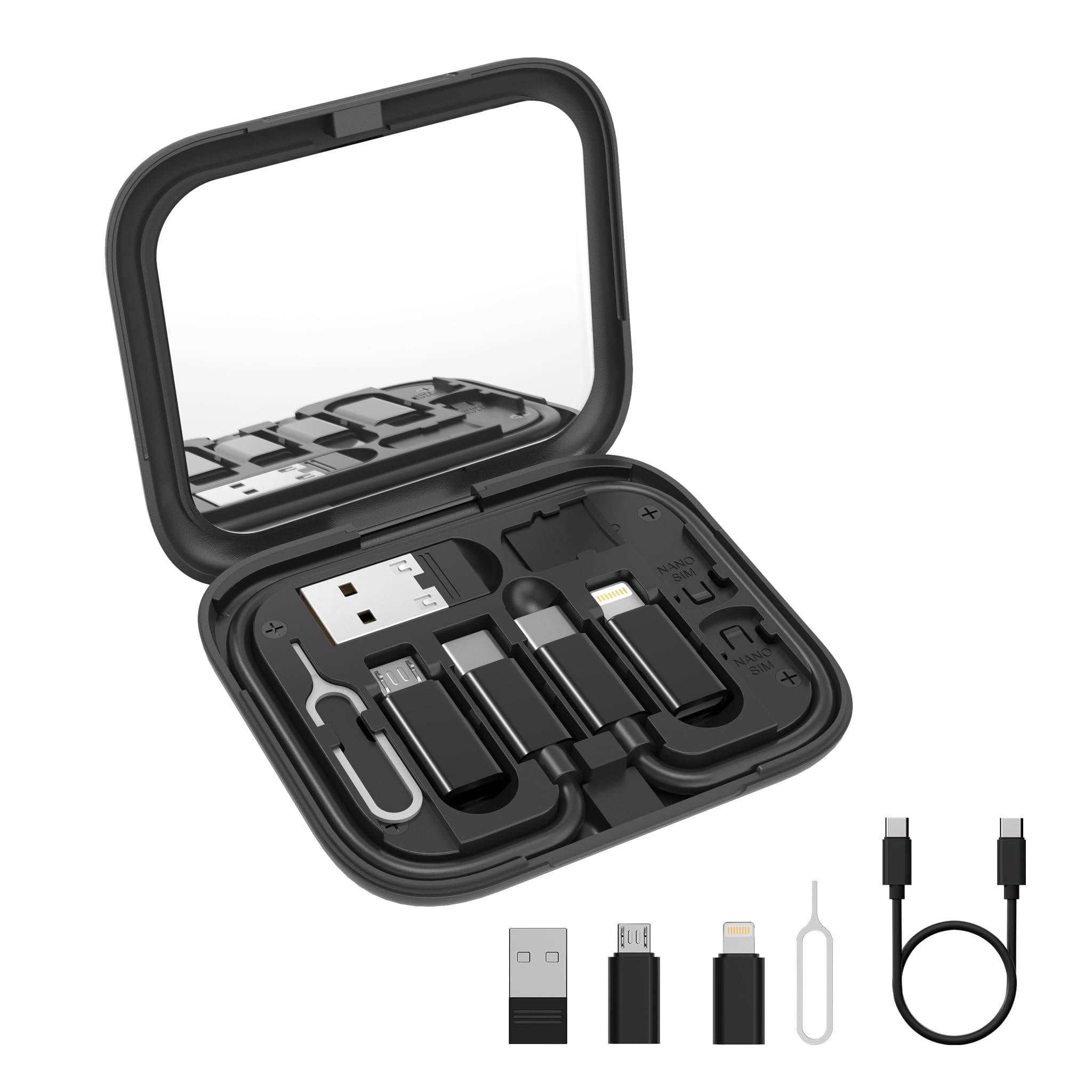 agaro snapcase 6-in-1 multifunctional 60w fast charging case, built-in type-c, usb-a, lightning & micro-usb cables, makeup mirror, phone stand, sim storage, sim eject pin, travel charging kit, (black)