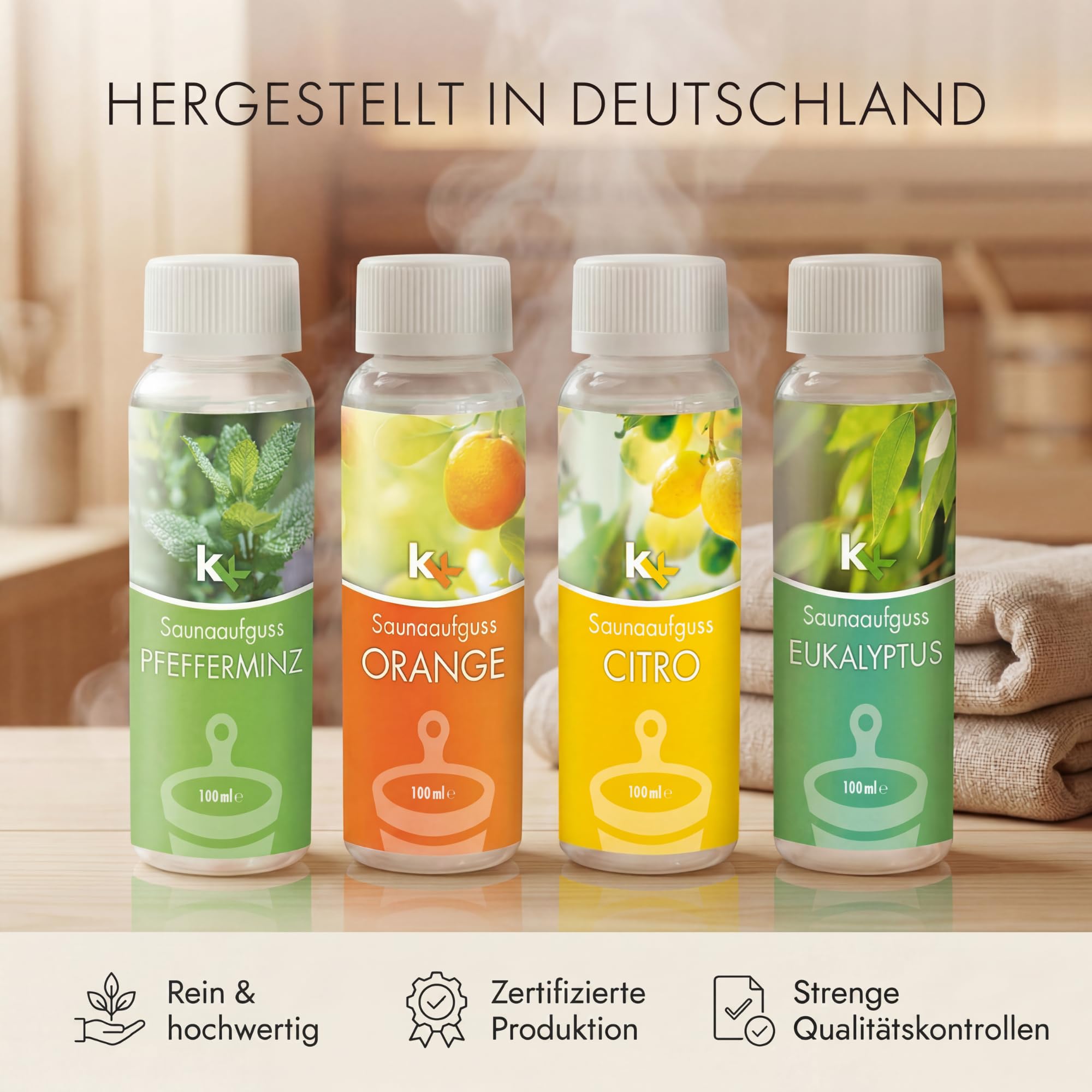 Saunaaufguss-Set 4er | Premium Saunaduft-Set mit Eukalyptus, Orange, Zitrone & Pfefferminz | Hochwertige Sauna Aufgussmittel 4×100 ml | Made in Germany | Intensives Aroma & Geschenkidee