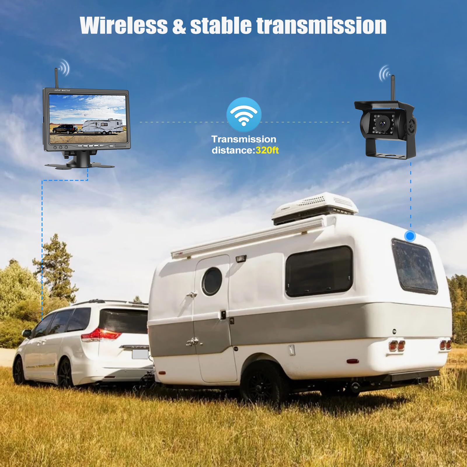CAMECHO Caméra de Recul sans Fil IP68 Imperméable à la Vision de Nuit Caméra Grand Angle avec 7 Pouces HD Moniteur pour Tous Les Modèles, 12V-36V Haute Performance à Puce avec Inversion de La Ligne