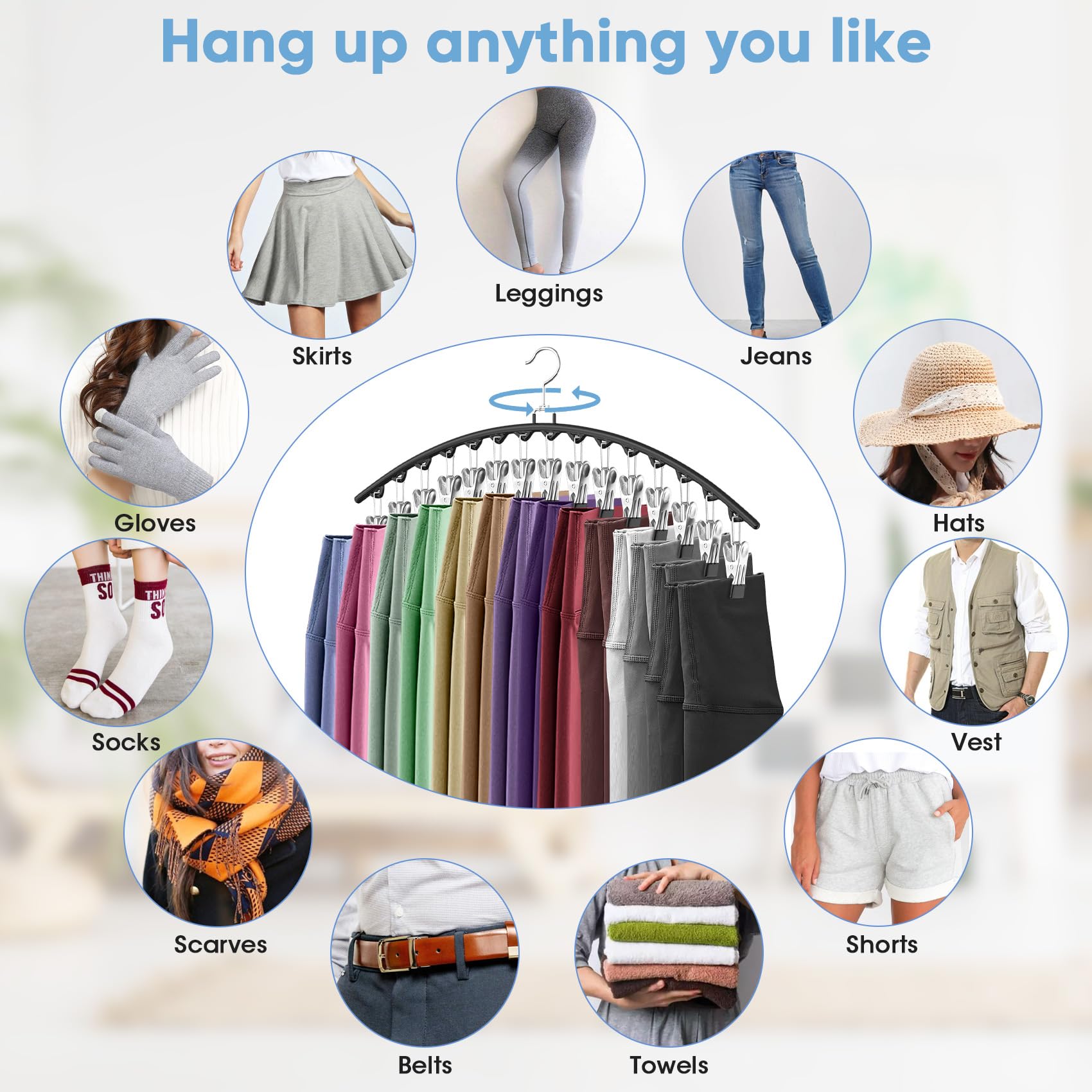Paquete de 6 organizadores de leggings para colgar en el armario, perchas para pantalones con 15 clips con capacidad para 45 leggings, pantalones cortos, faldas, jeans, sombreros, perchas para