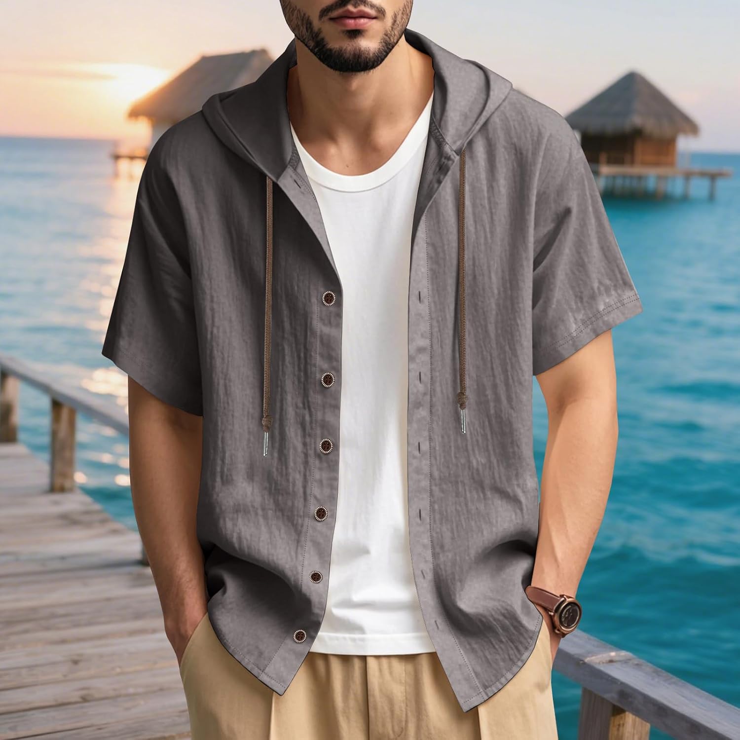 Men Linen Short Sleeve Button Down Shirt Summer Casual Hawaiian Beach Tops Lightweight Fashion Hoodies - Image 2