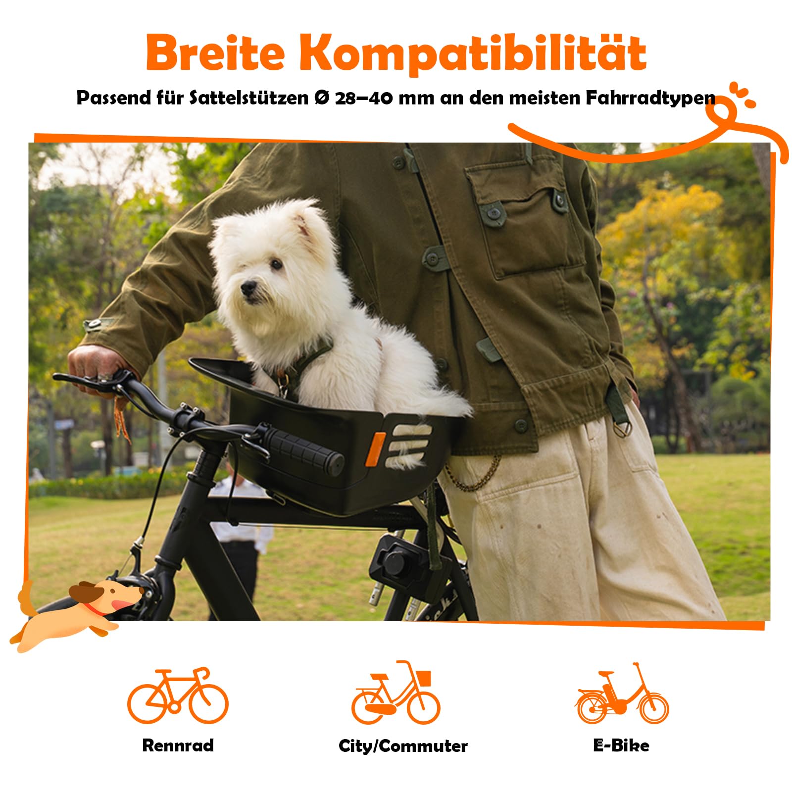 Hundekorb Fahrrad Vorne bis 12KG, Hundefahrradkorb mit Robuste sichere Bodenplatte, wasserdichtem kratzfestem Nylon-Sitzkissen und beschichtetem Metallverschluss für kleine&mittelgroße Hunde