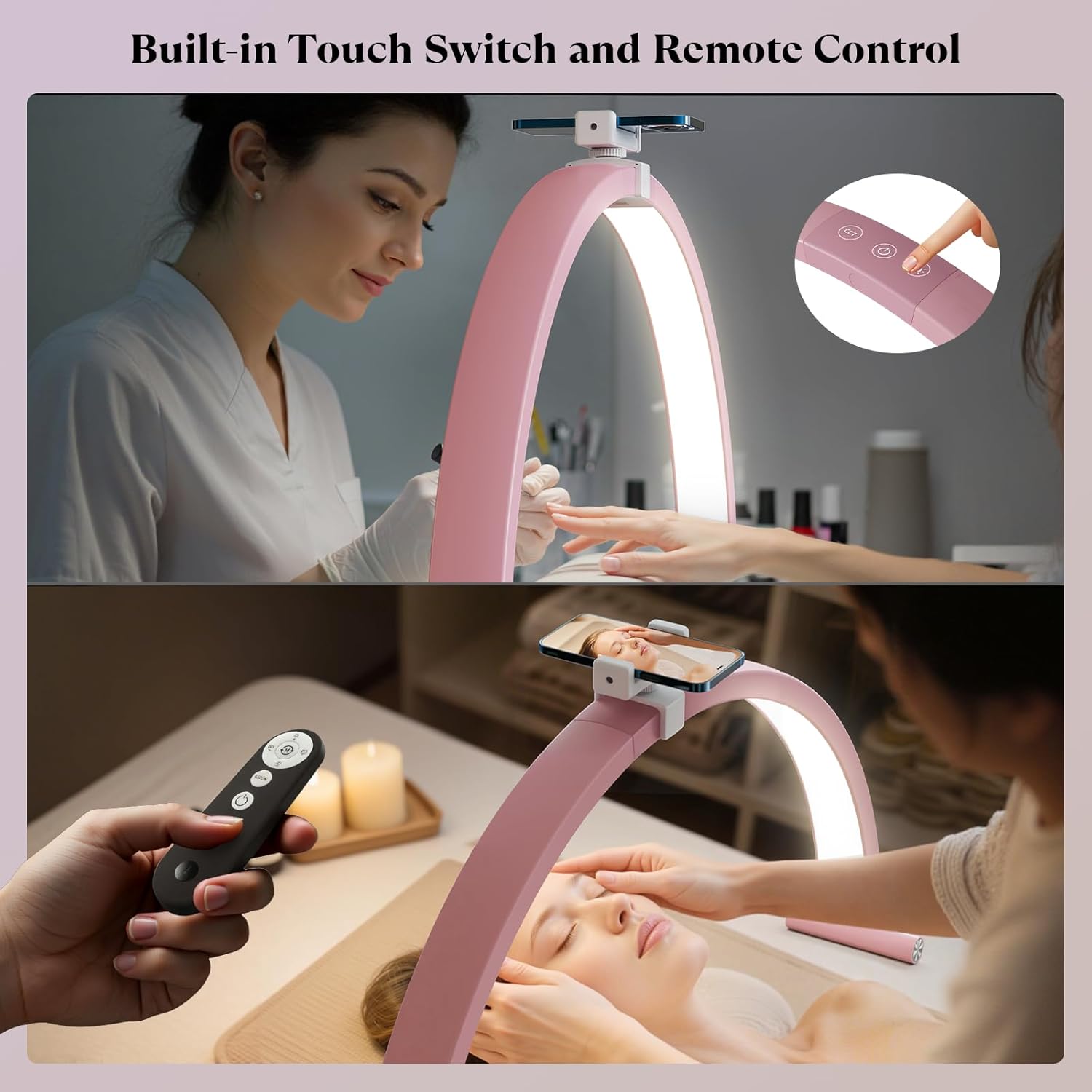 Mznoo Half Moon Light for Nail Desk, 30'' Large Half Moon Desk Lamp with Phone Holder, Professional Nail Tech Light with 3 Color Modes and 5 Brightness for Manicure Salon and Handicraft (Pink)